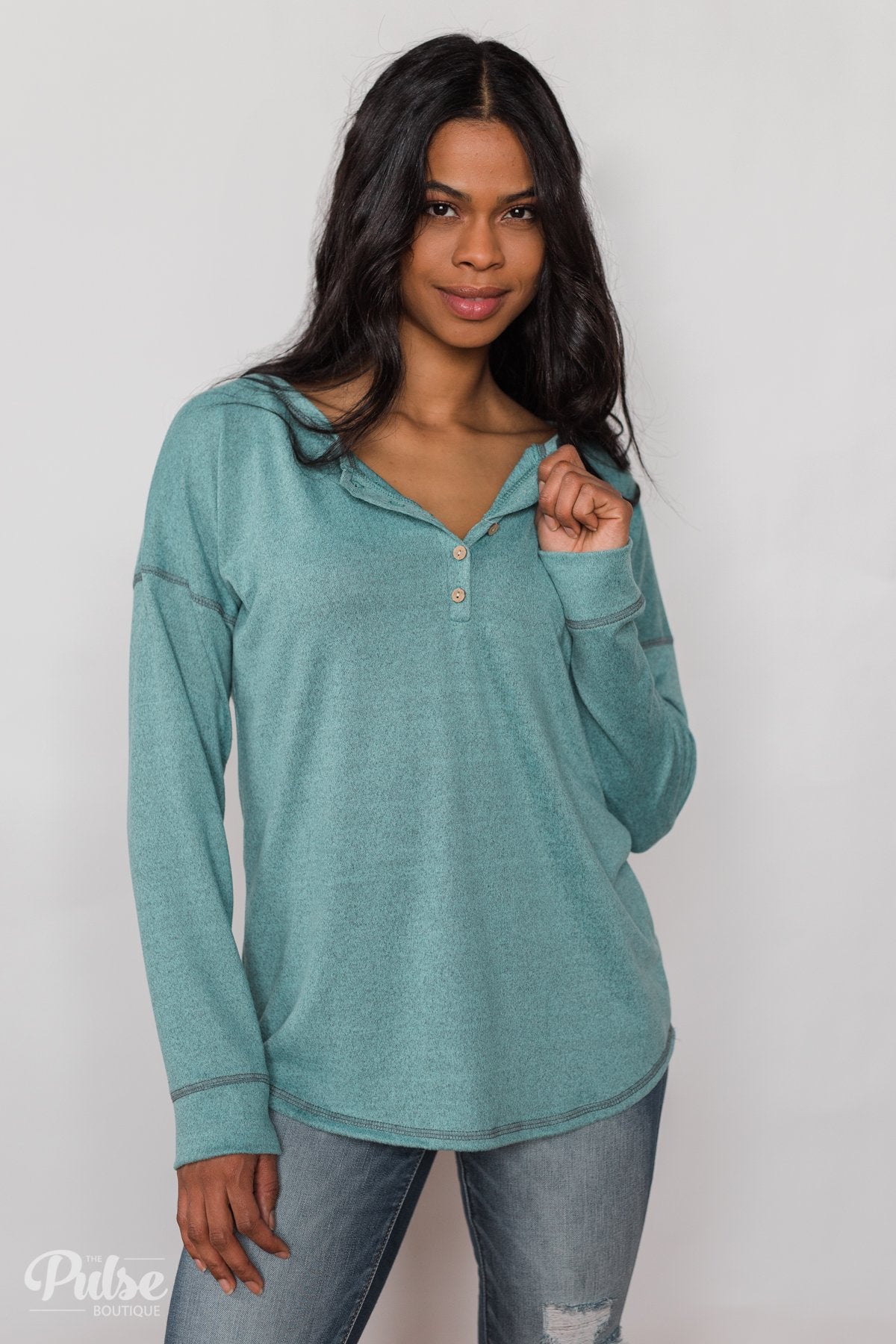 Feeling Fine 5-Button Long Sleeve Top - Mint