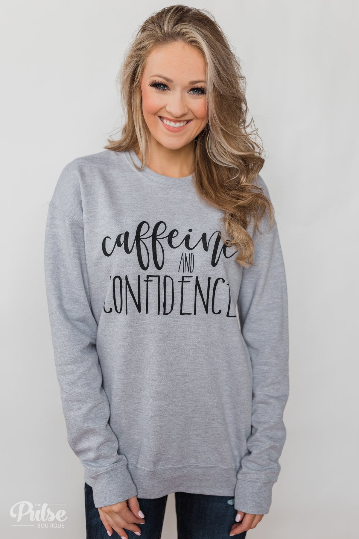 "Caffeine & Confidence" Crew Neck - Heather Grey