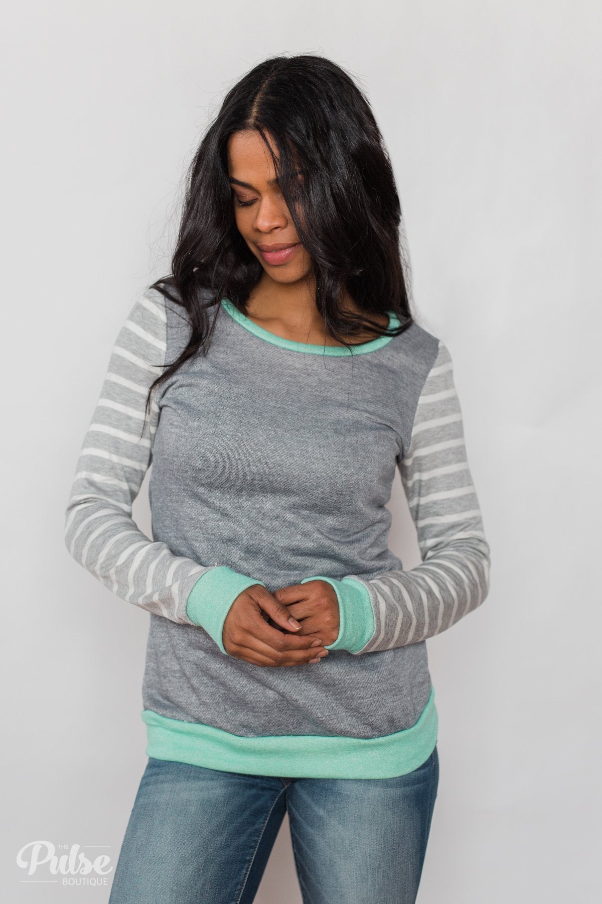 The Right Steps Striped Sleeve Top- Grey & Mint
