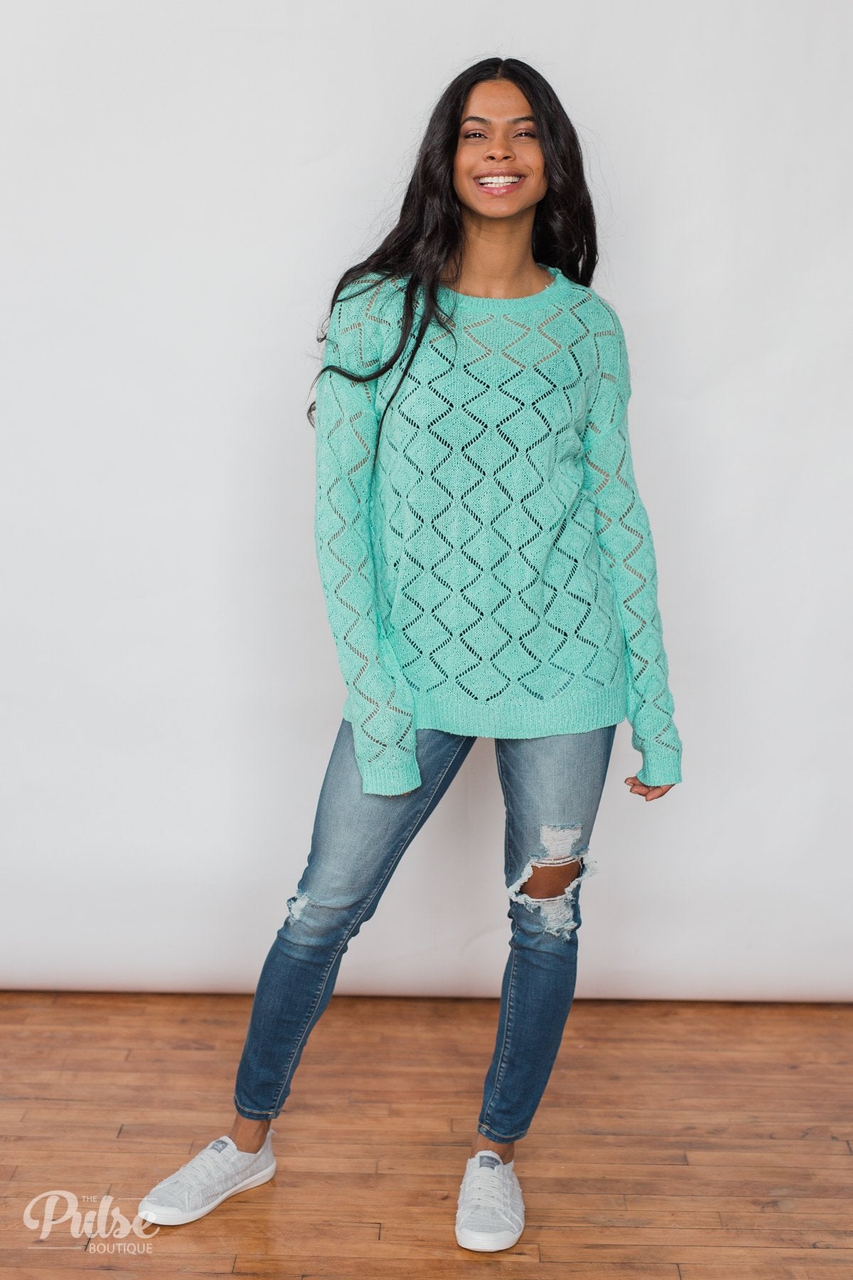 Long Sleeve Pointelle Knitted Sweater- MInt
