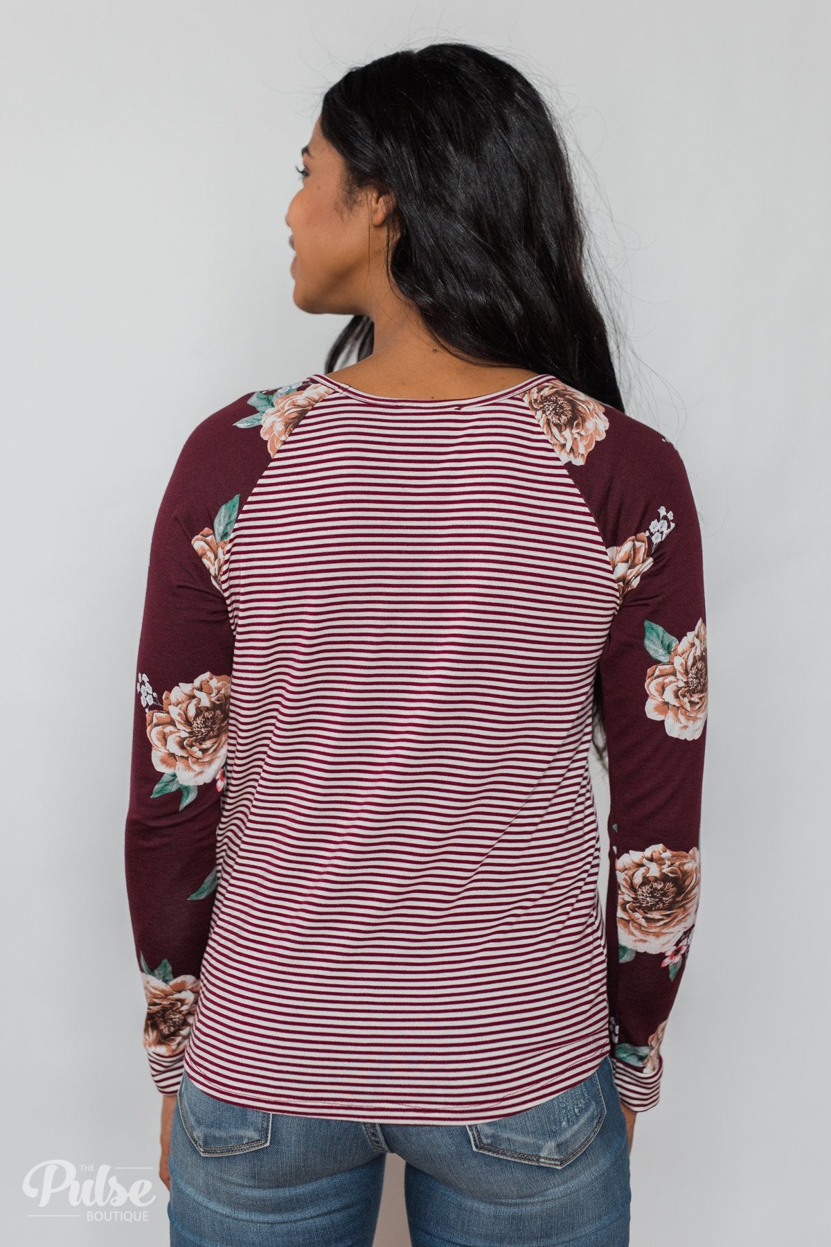 Look to You Floral & Striped Knot Top- Burgundy