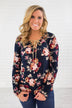 Long Sleeve Navy Floral Lace Up Top
