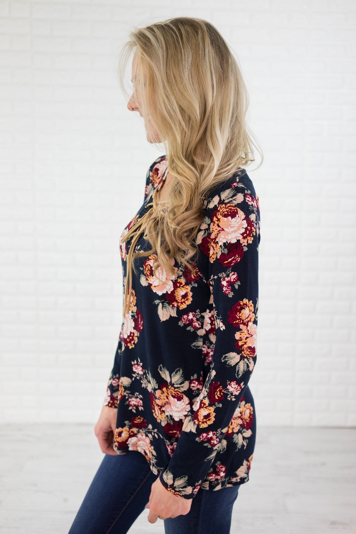 Long Sleeve Navy Floral Lace Up Top