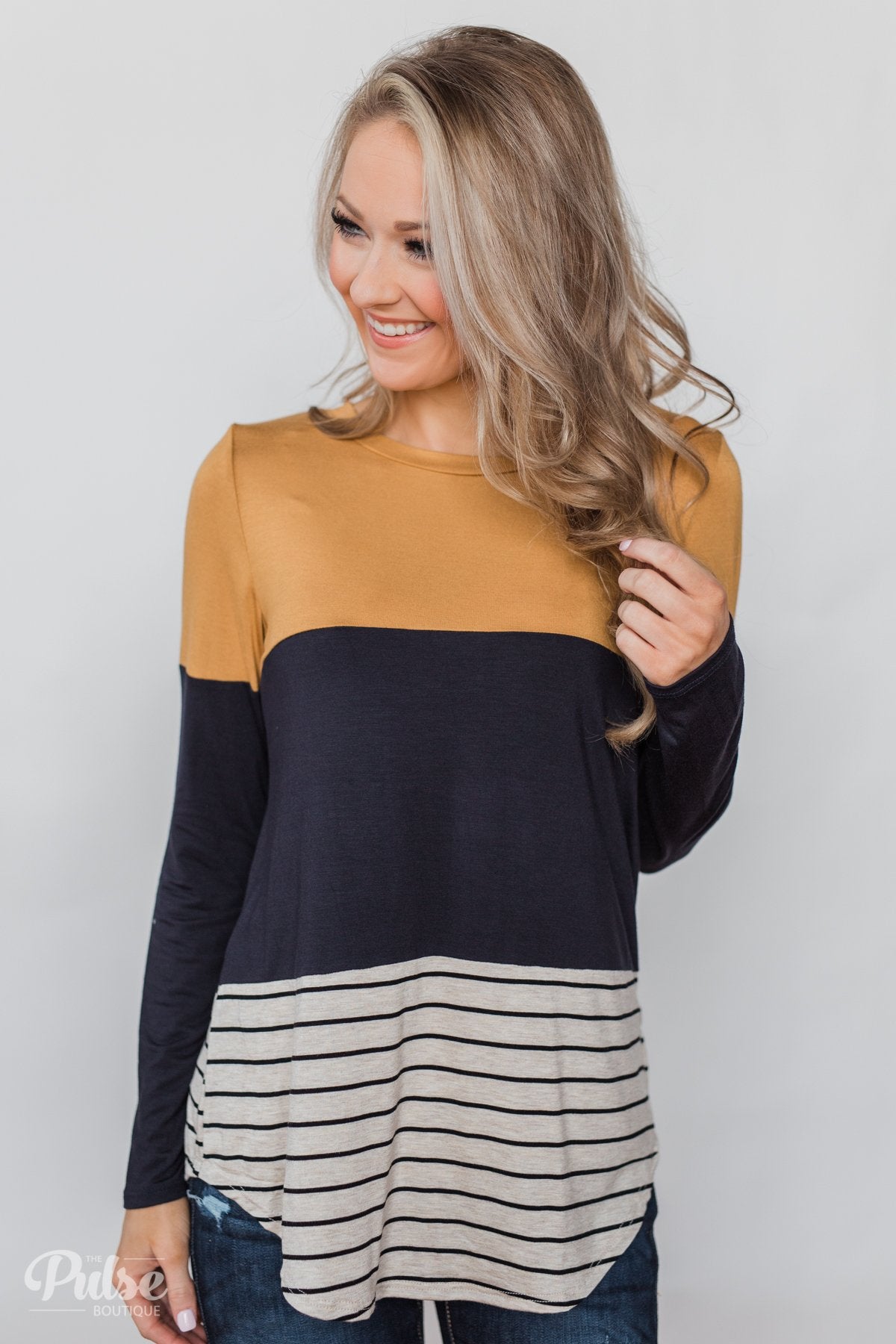 Party in the Back Lace Detail Top- Mustard & Navy
