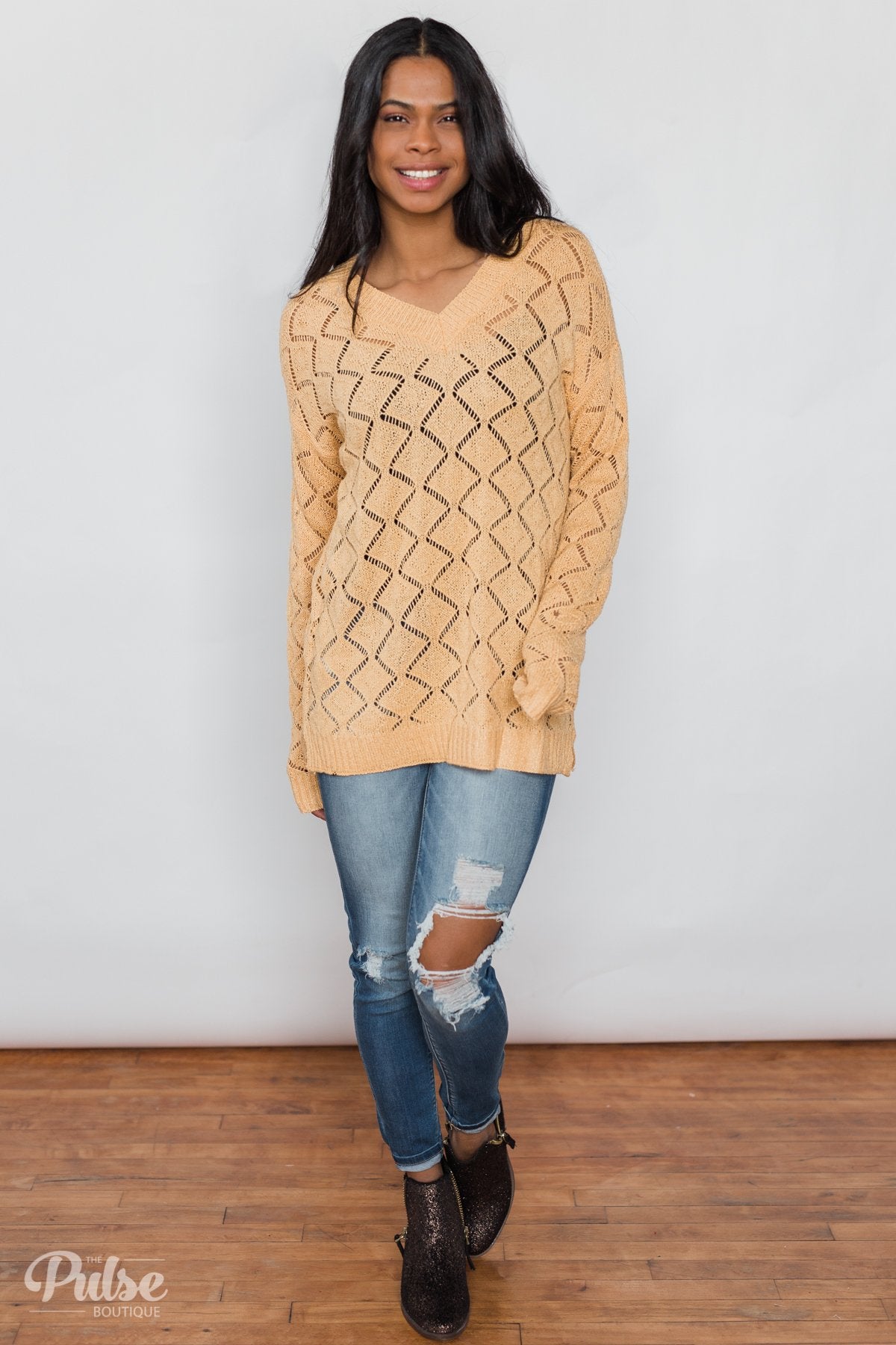 V-Neck Pointelle Knit Pullover - Mustard
