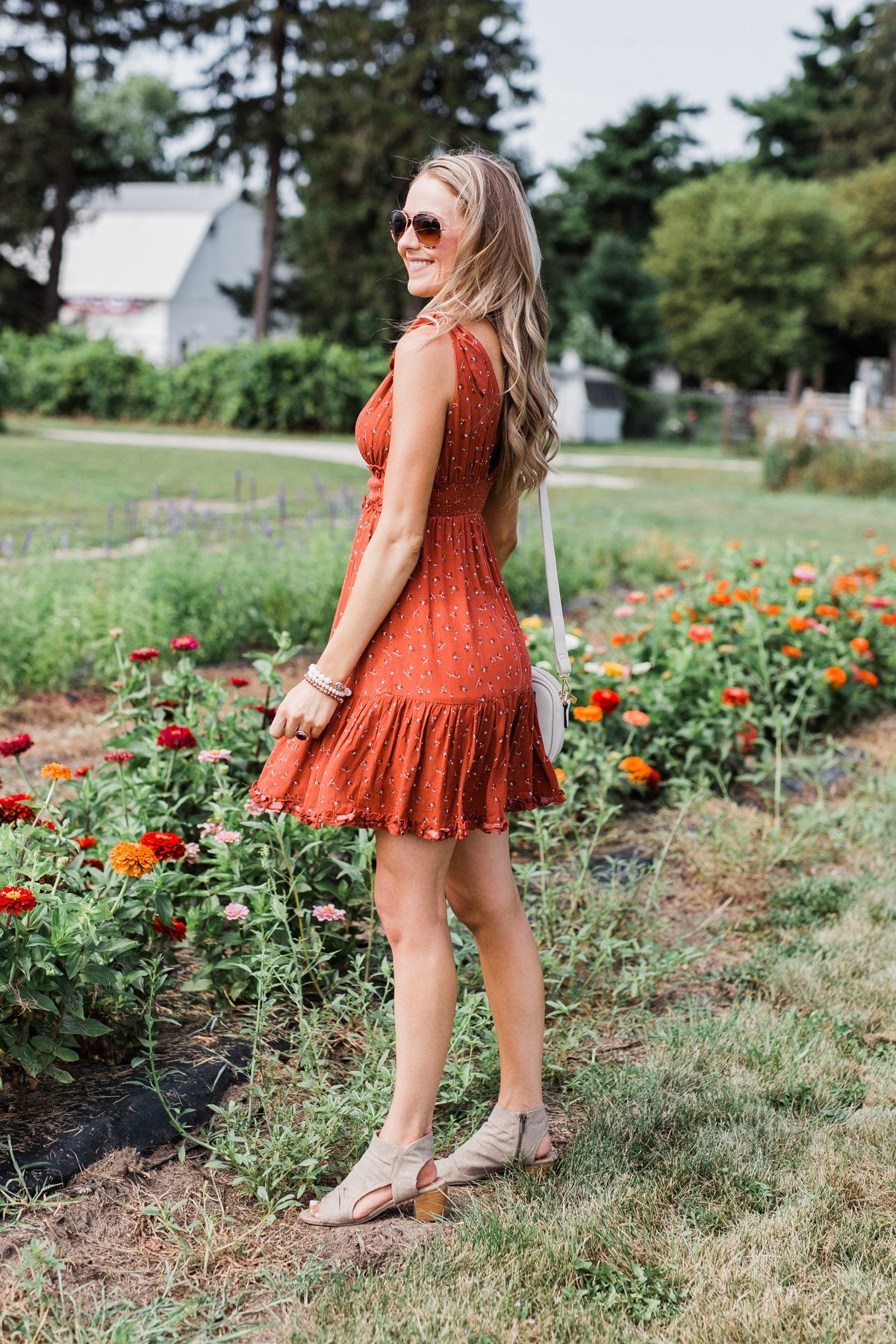 The Beautiful Life Floral Ruffle Dress- Rust – The Pulse Boutique