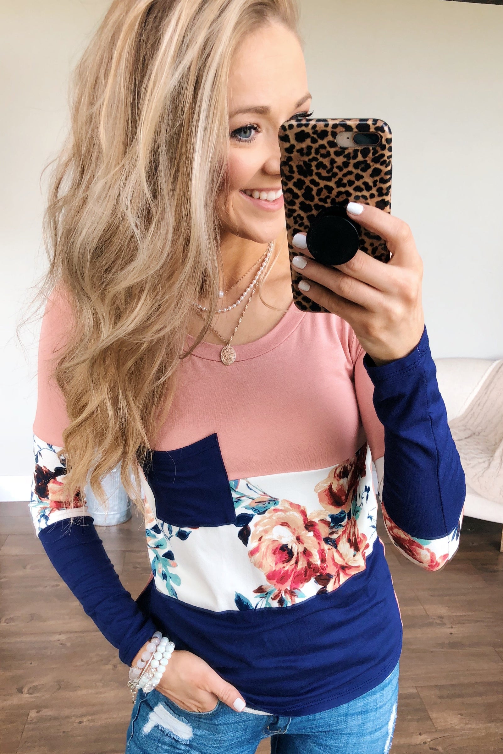 The Time Is Now Long Sleeve Floral top- Blush & Navy