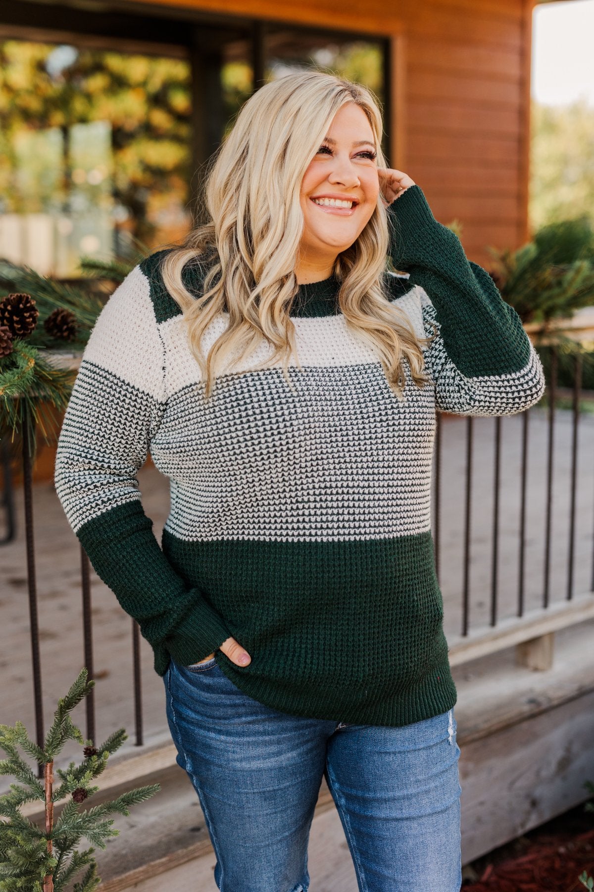 Enjoying Life Color Block Knit Sweater Forest Green Ivory
