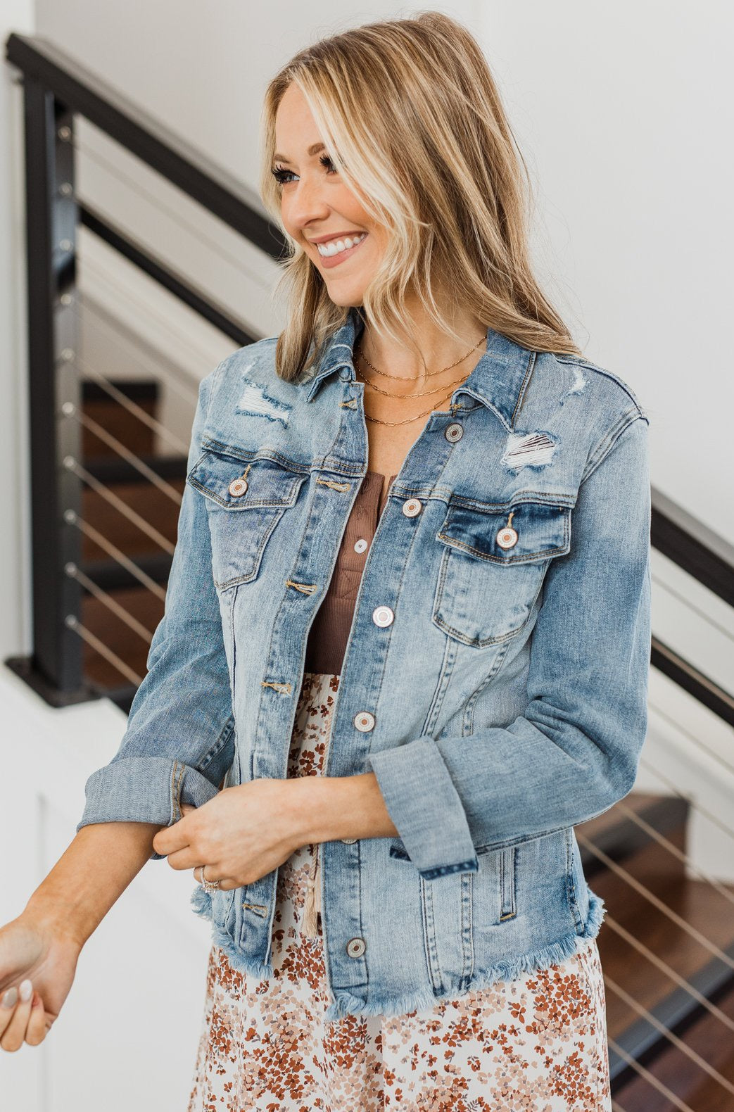 Distressed Button-Up Denim Jacket with Pockets - Blue / XL