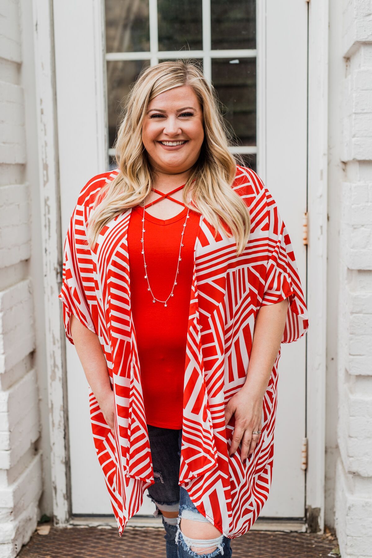 Radiant in Red Short Sleeve Kimono- Ivory