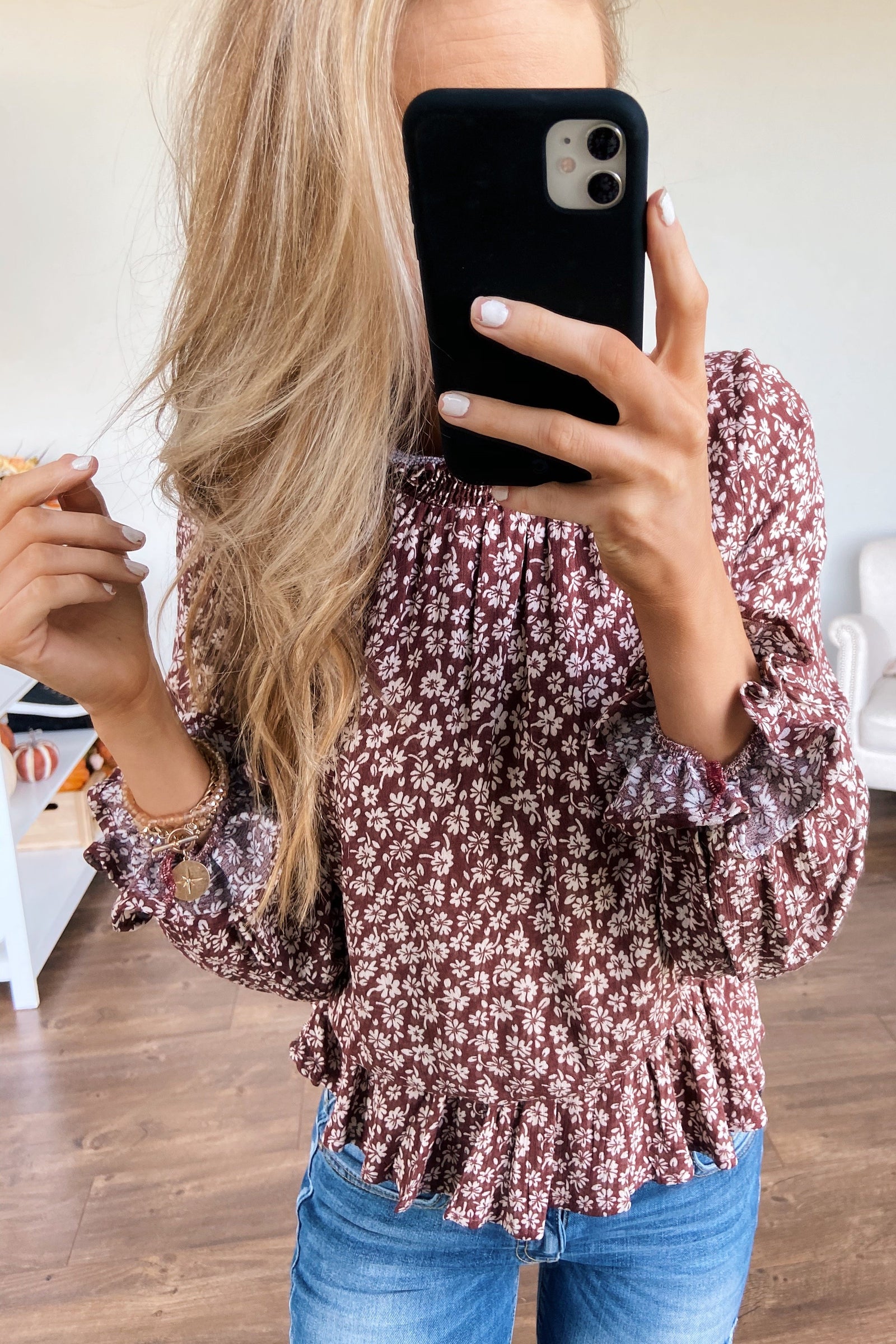 Must Be Love Floral Cinched Blouse- Clay Brown