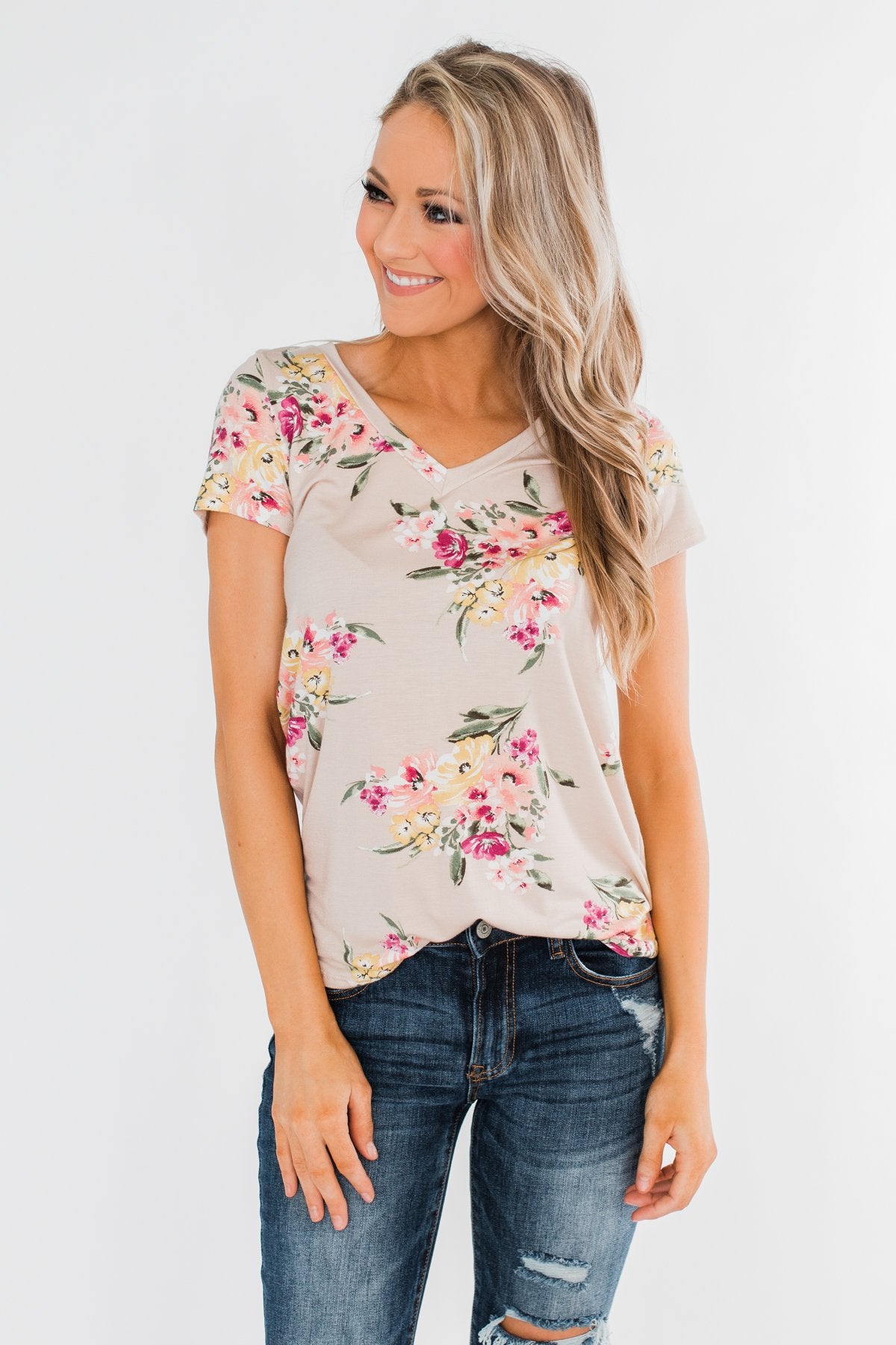 Falling For Floral V-Neck Top- Light Peach