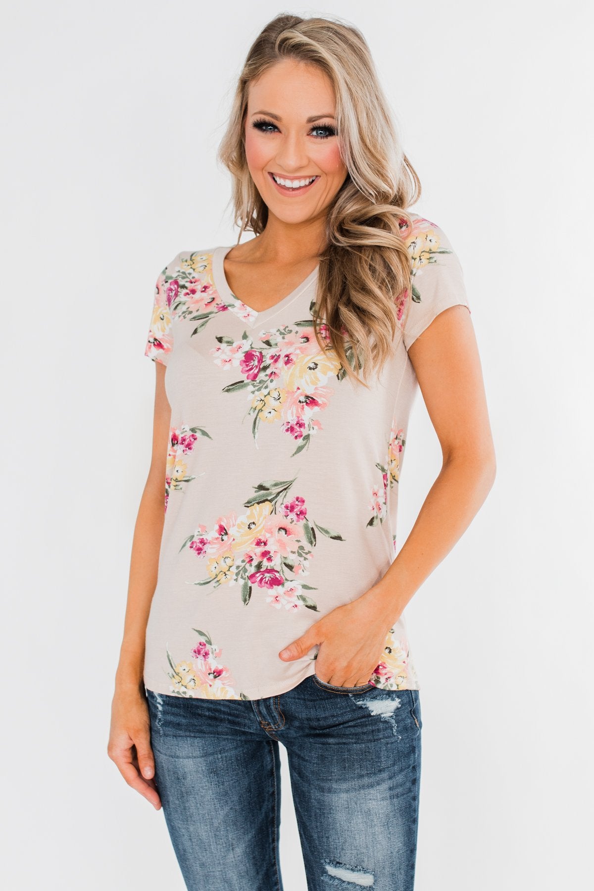 Falling For Floral V-Neck Top- Light Peach