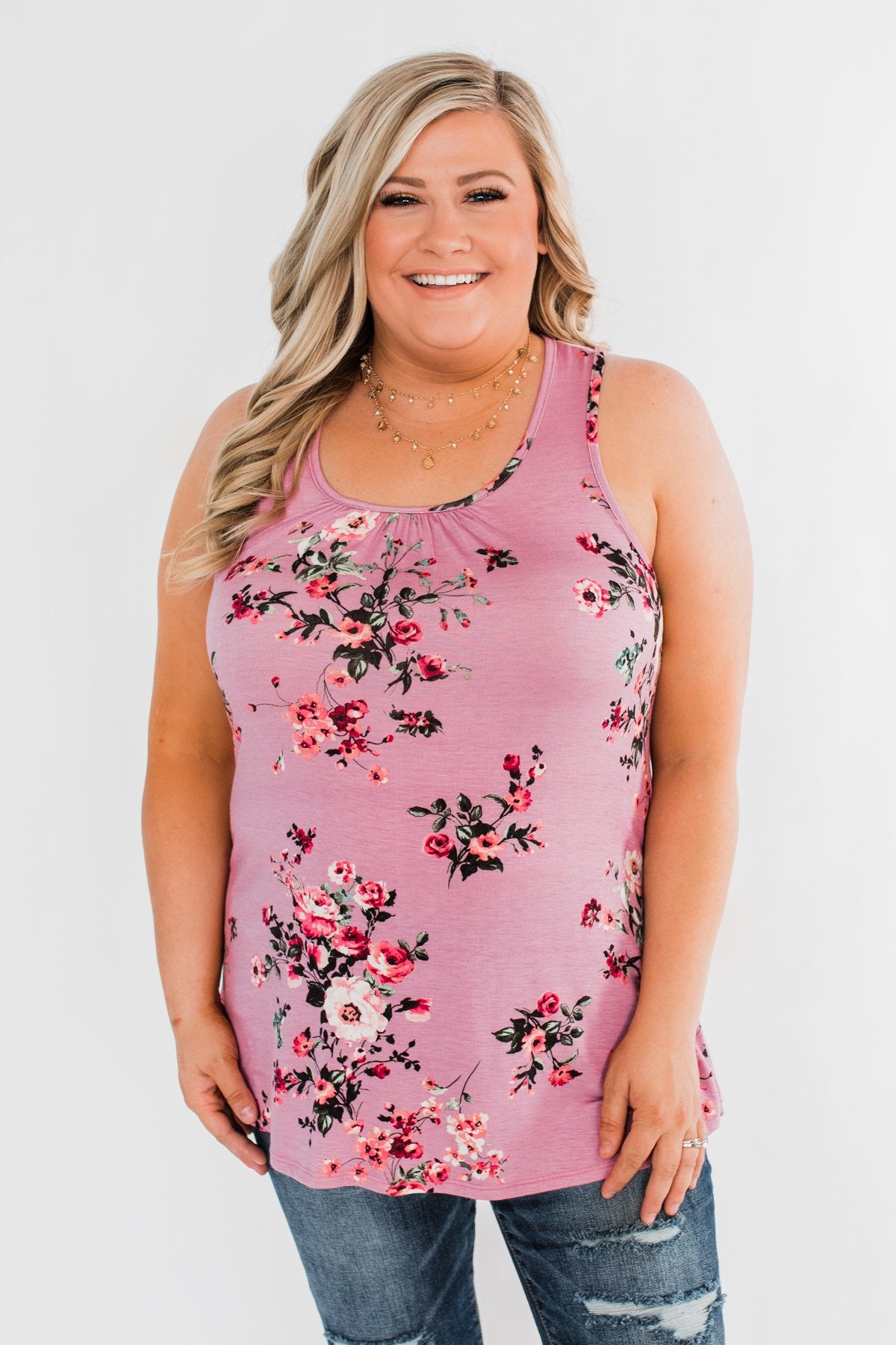 Botanical Gardens Racerback Tank Top- Pink Mauve