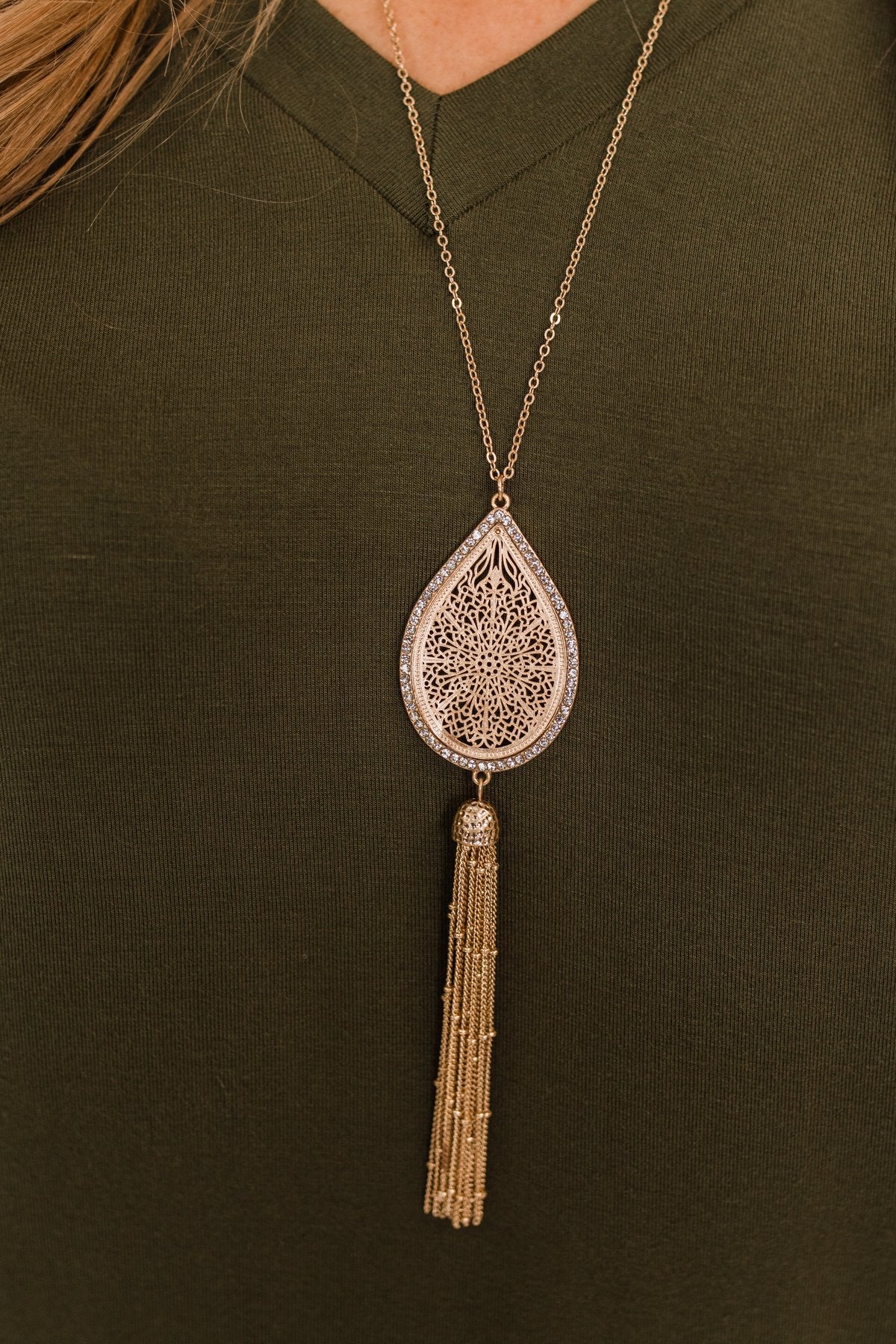 Long Detailed Pendant & Tassel Necklace- Gold
