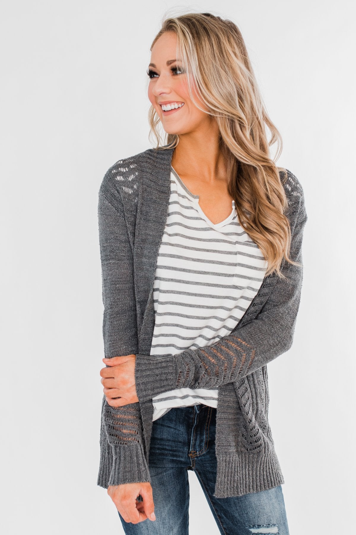 This is Me Striped Notch Pocket Top- Grey & Ivory
