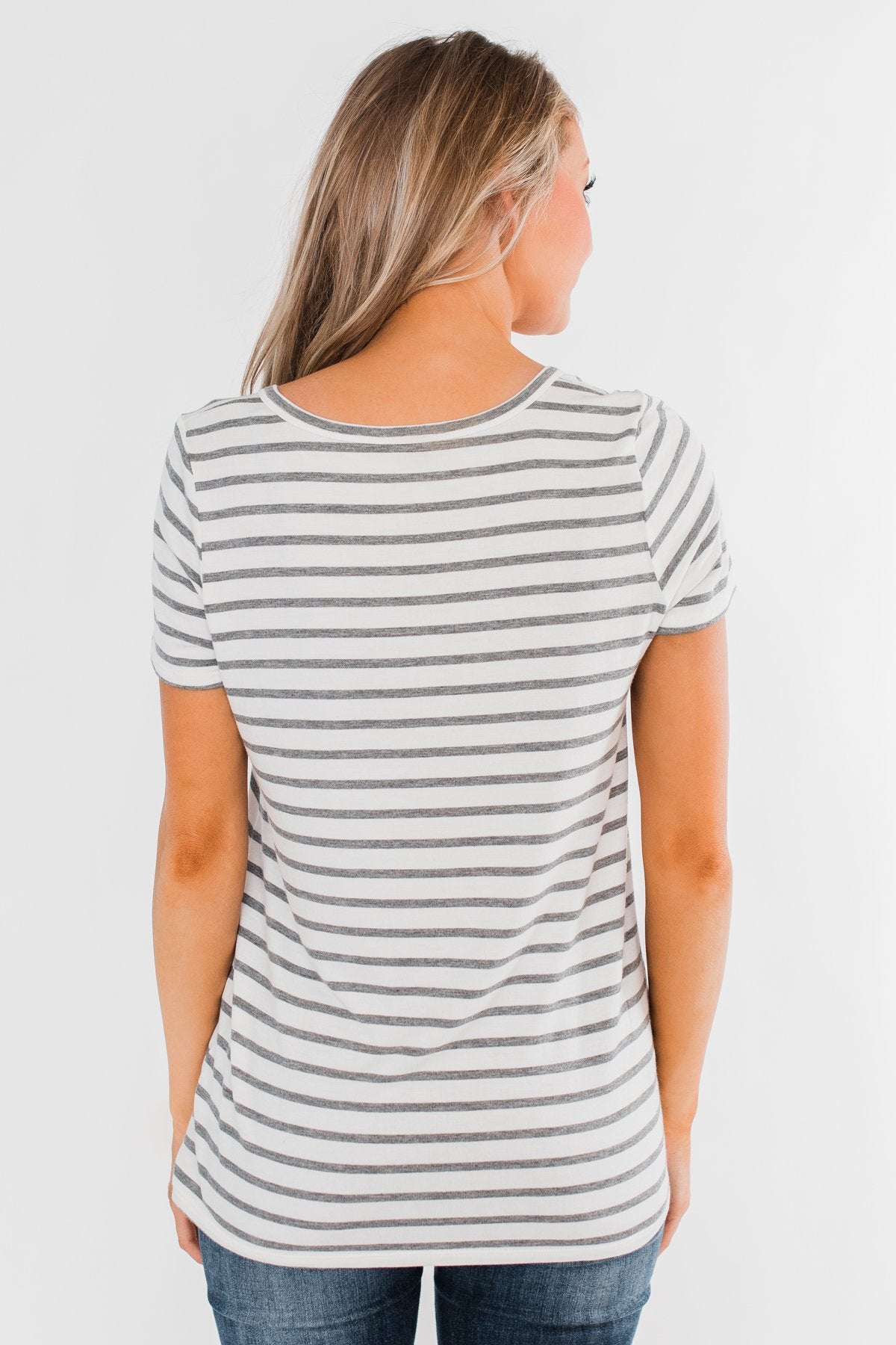 This is Me Striped Notch Pocket Top- Grey & Ivory