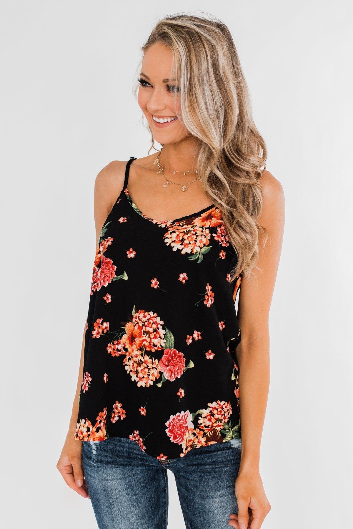 Out of Reach Floral Tank Top- Black