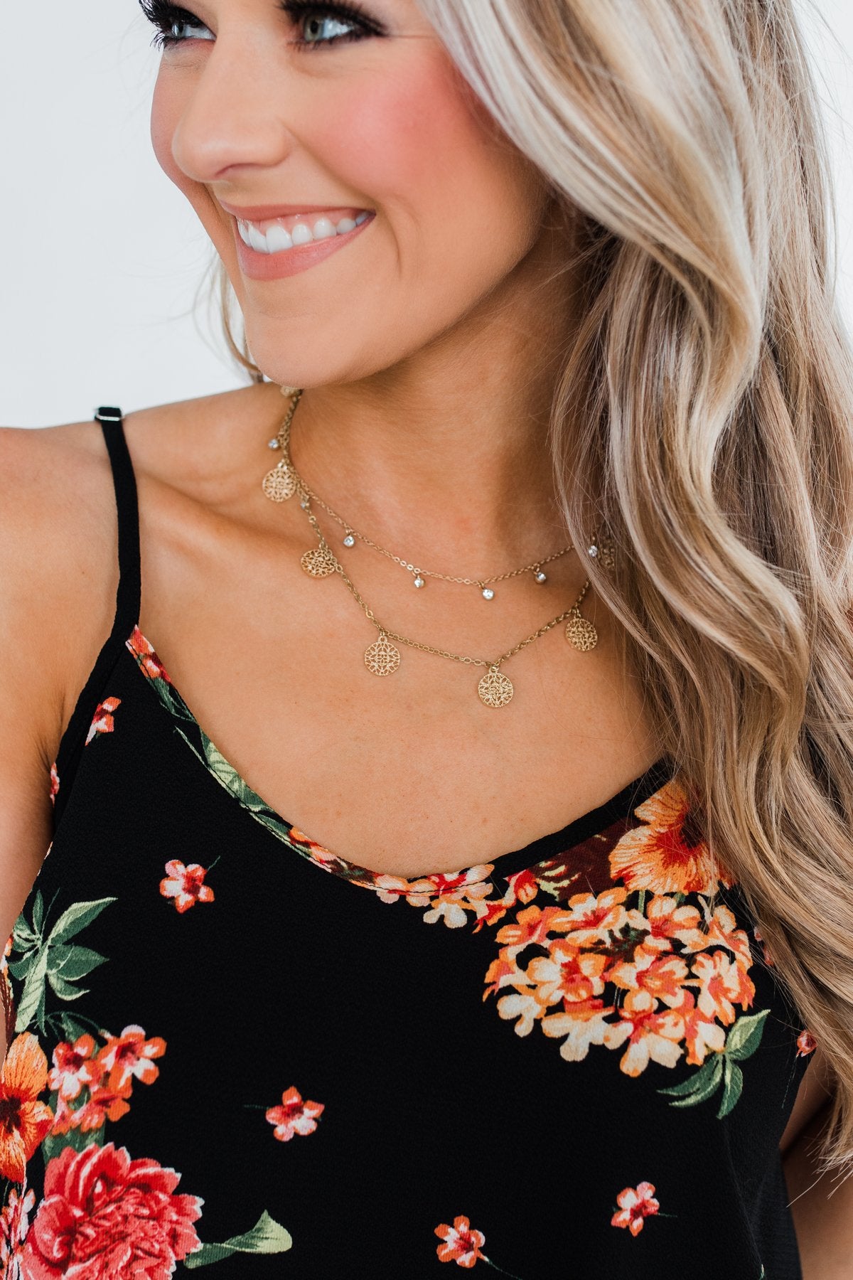 Double Layer Circle and Gem Necklace- Gold