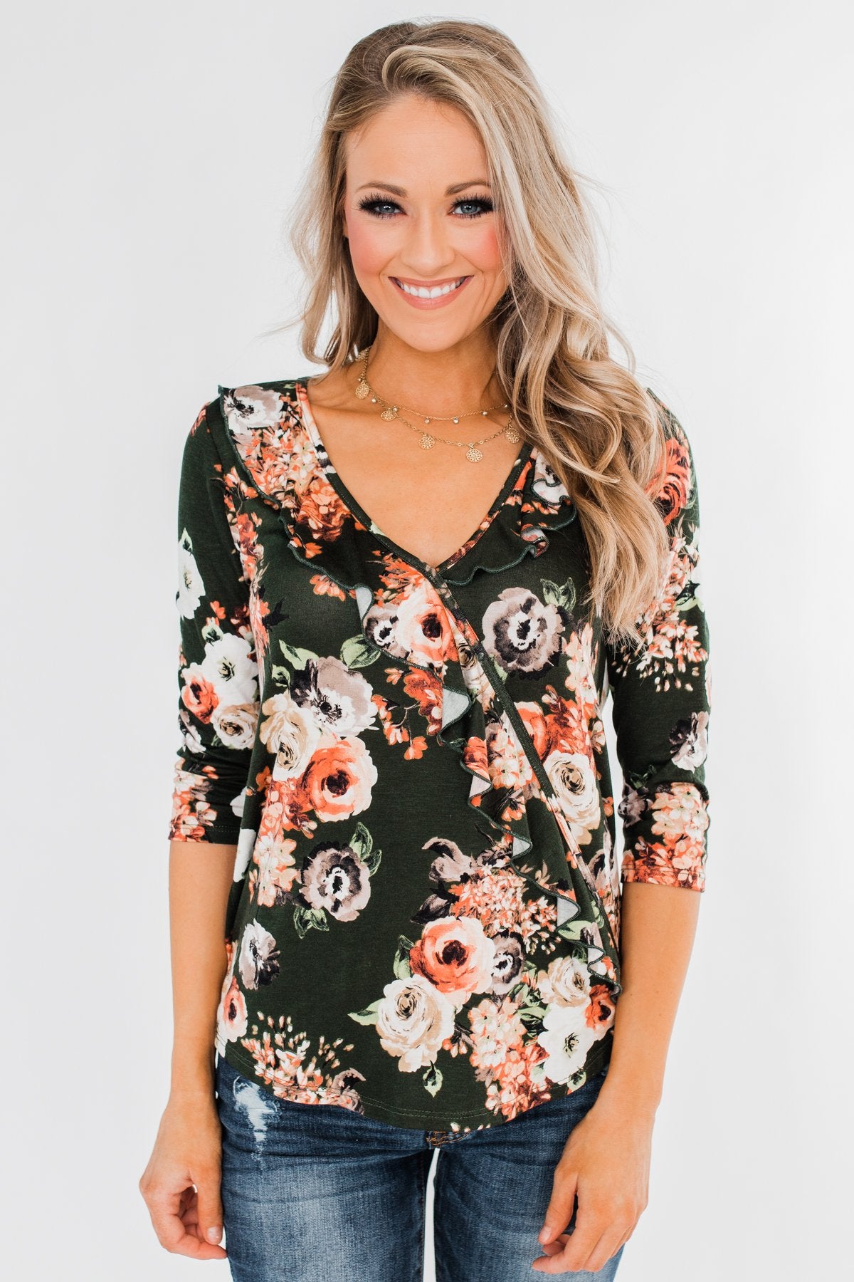 Good As You Floral and Ruffle 3/4 Sleeve Top- Olive