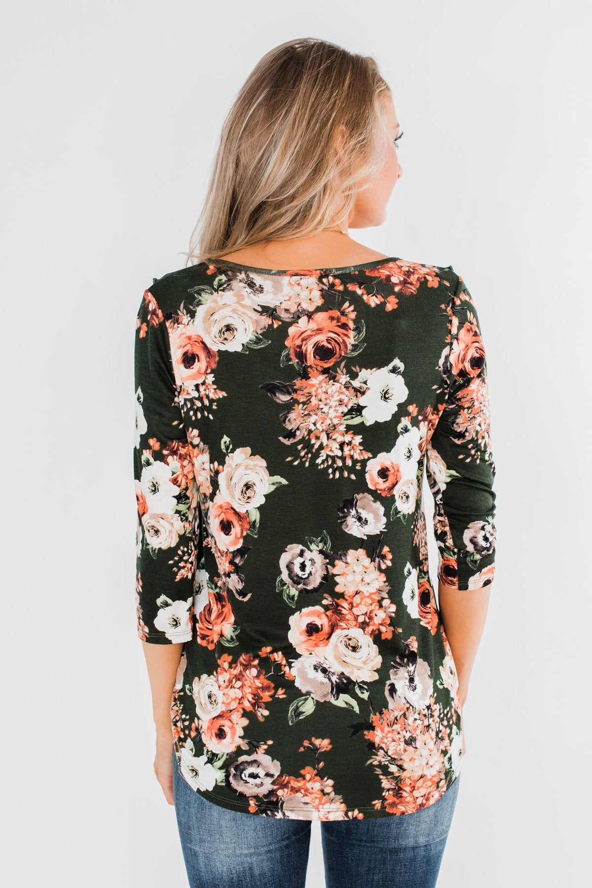 Good As You Floral and Ruffle 3/4 Sleeve Top- Olive