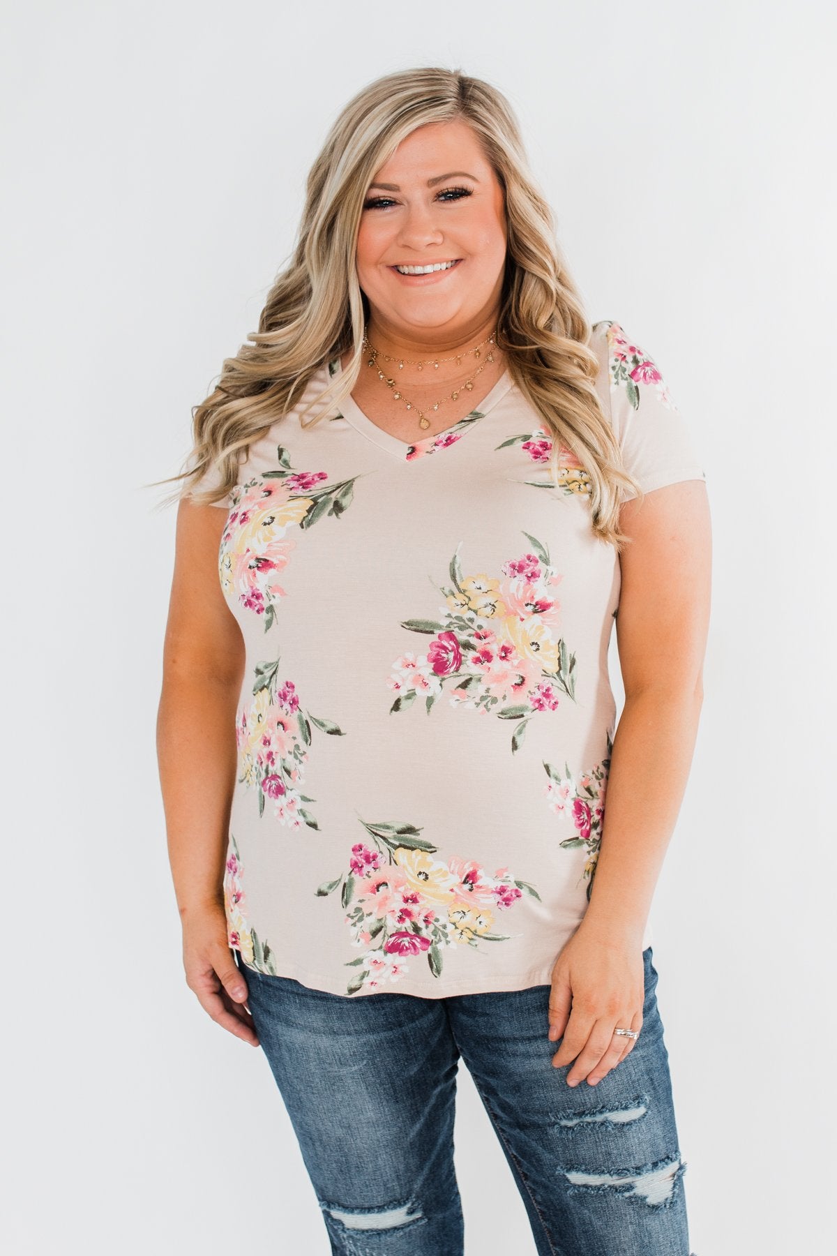 Falling For Floral V-Neck Top- Light Peach