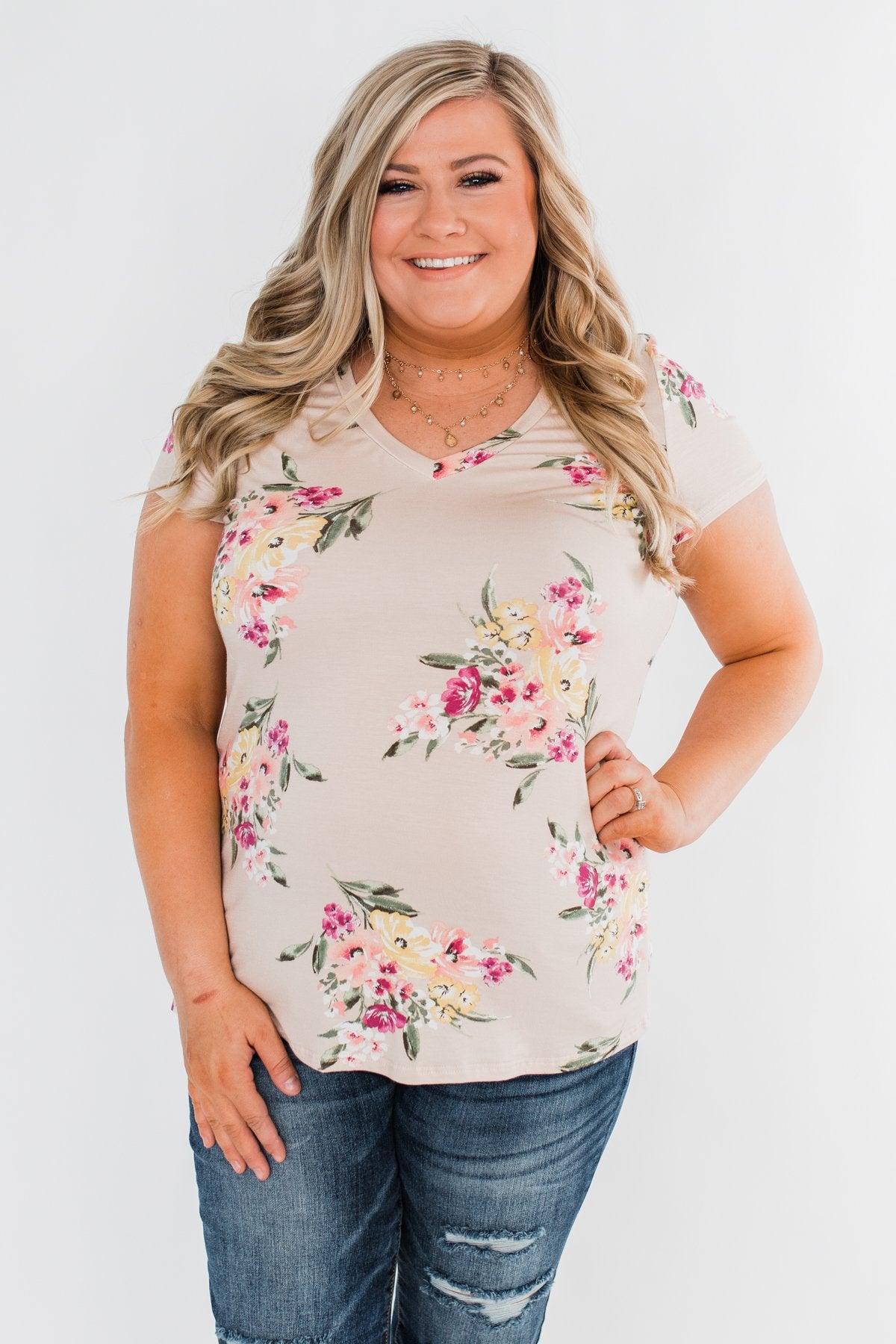 Falling For Floral V-Neck Top- Light Peach