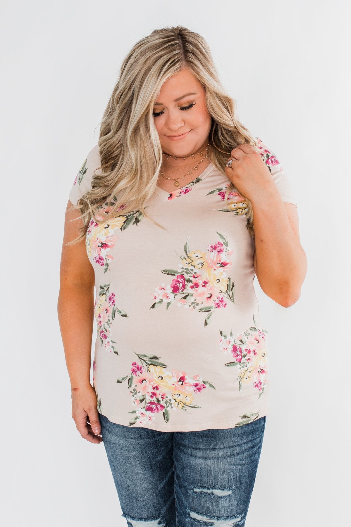 Falling For Floral V-Neck Top- Light Peach