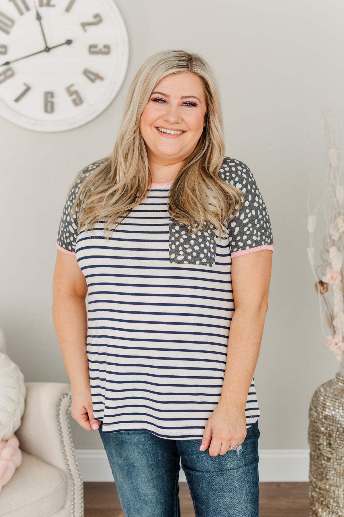Dare To Be Different Spots & Stripes Top- Ivory, Navy, & Charcoal