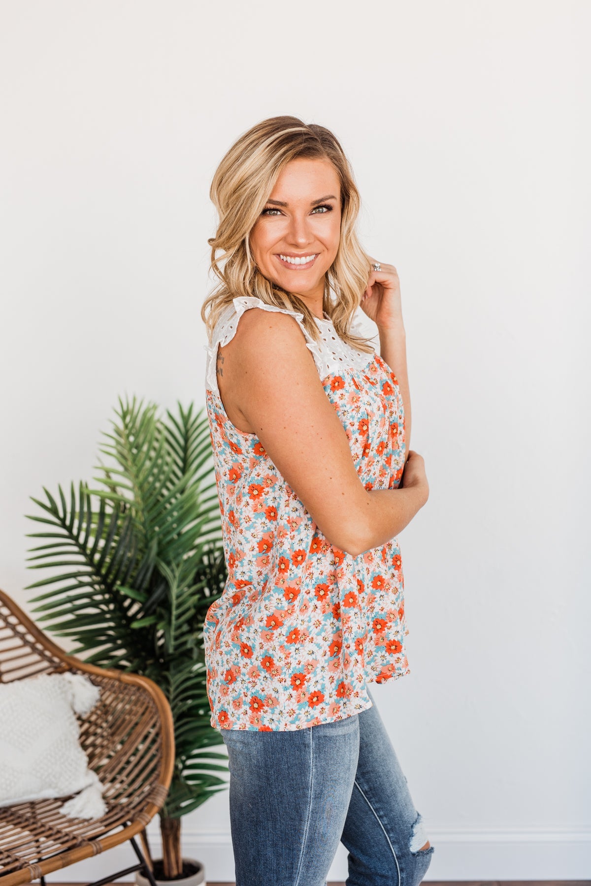 Fashionable In Floral Blouse Top- Coral & Ivory