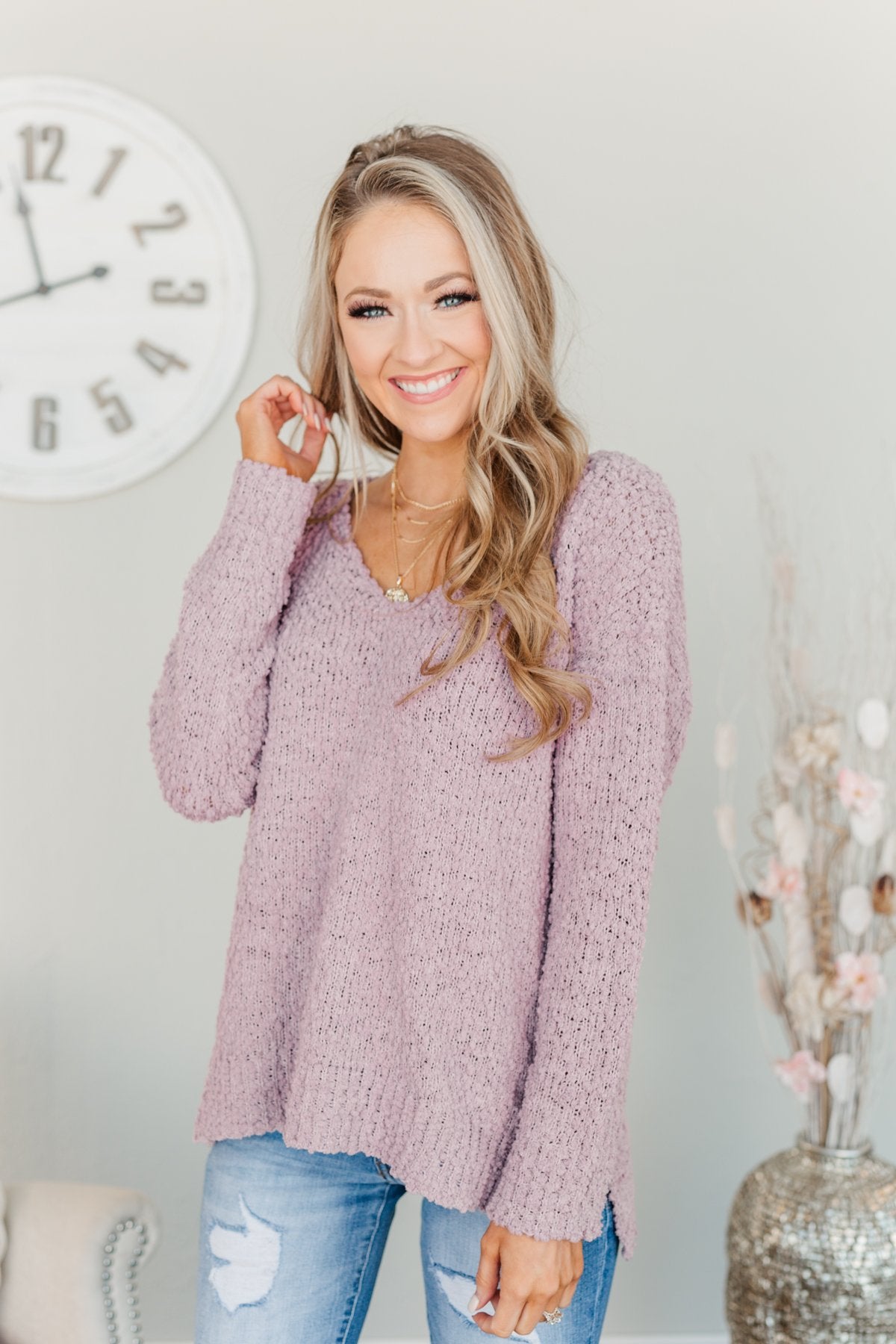 Conquer The Cold Popcorn Knit Sweater- Lavender