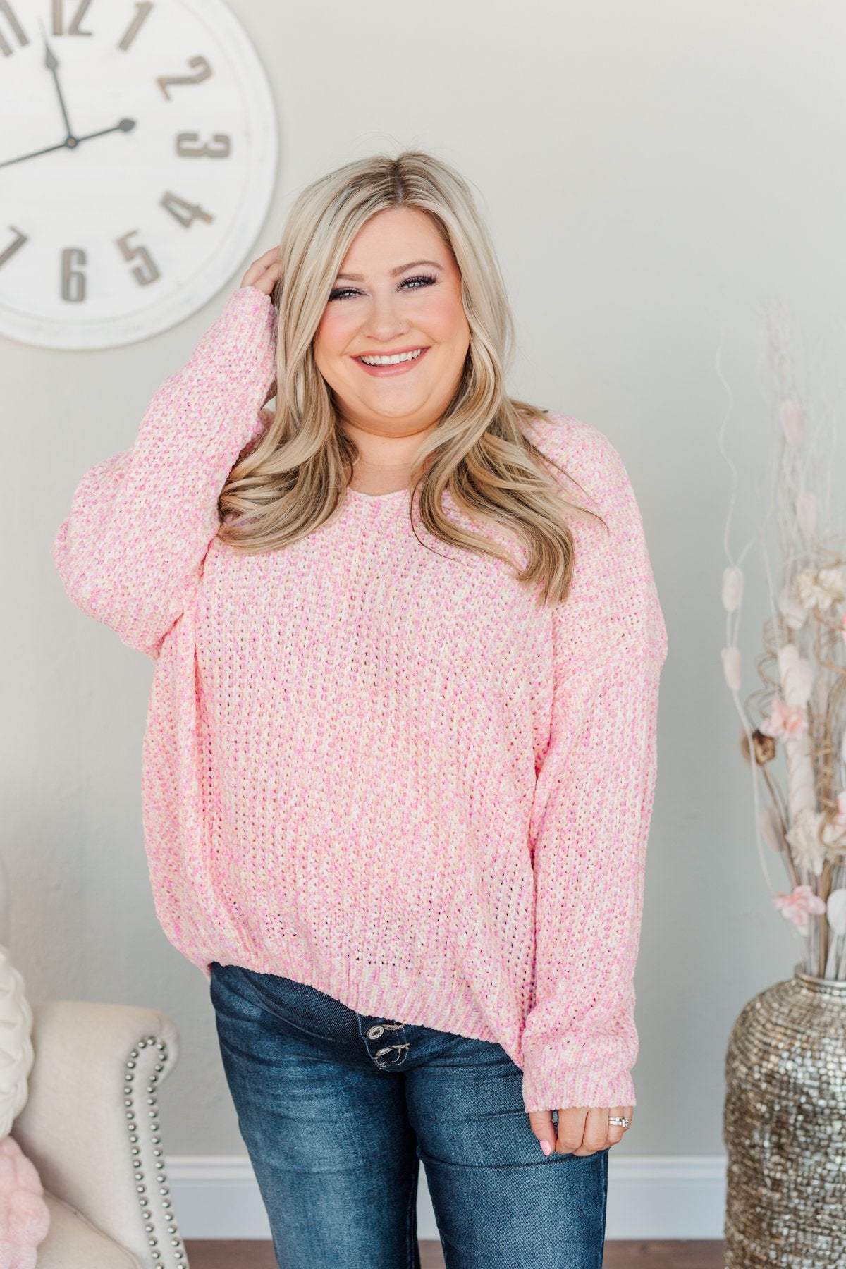 Let Your Confidence Shine Knit Sweater- Pink, Yellow, & Ivory