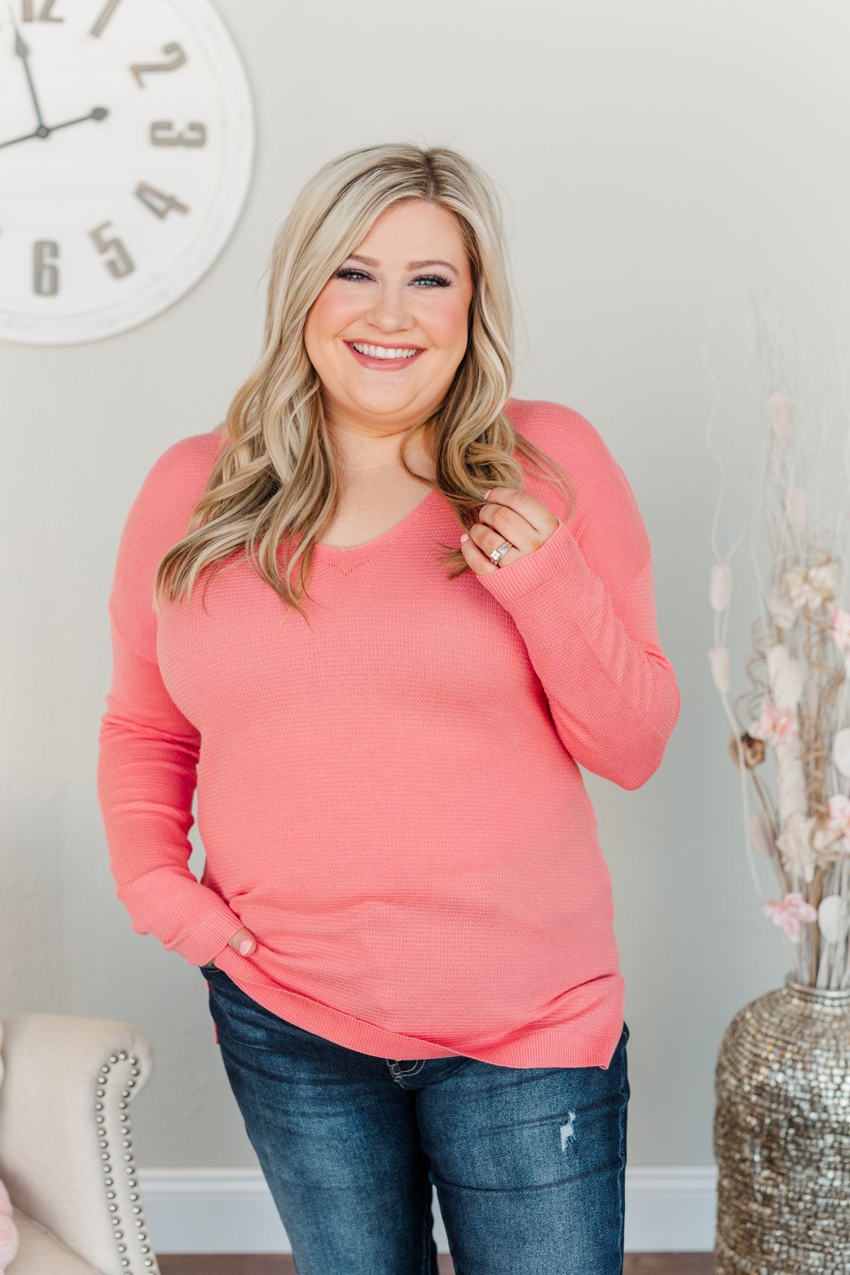 Life In Full Bloom V-Neck Knit Top- Coral