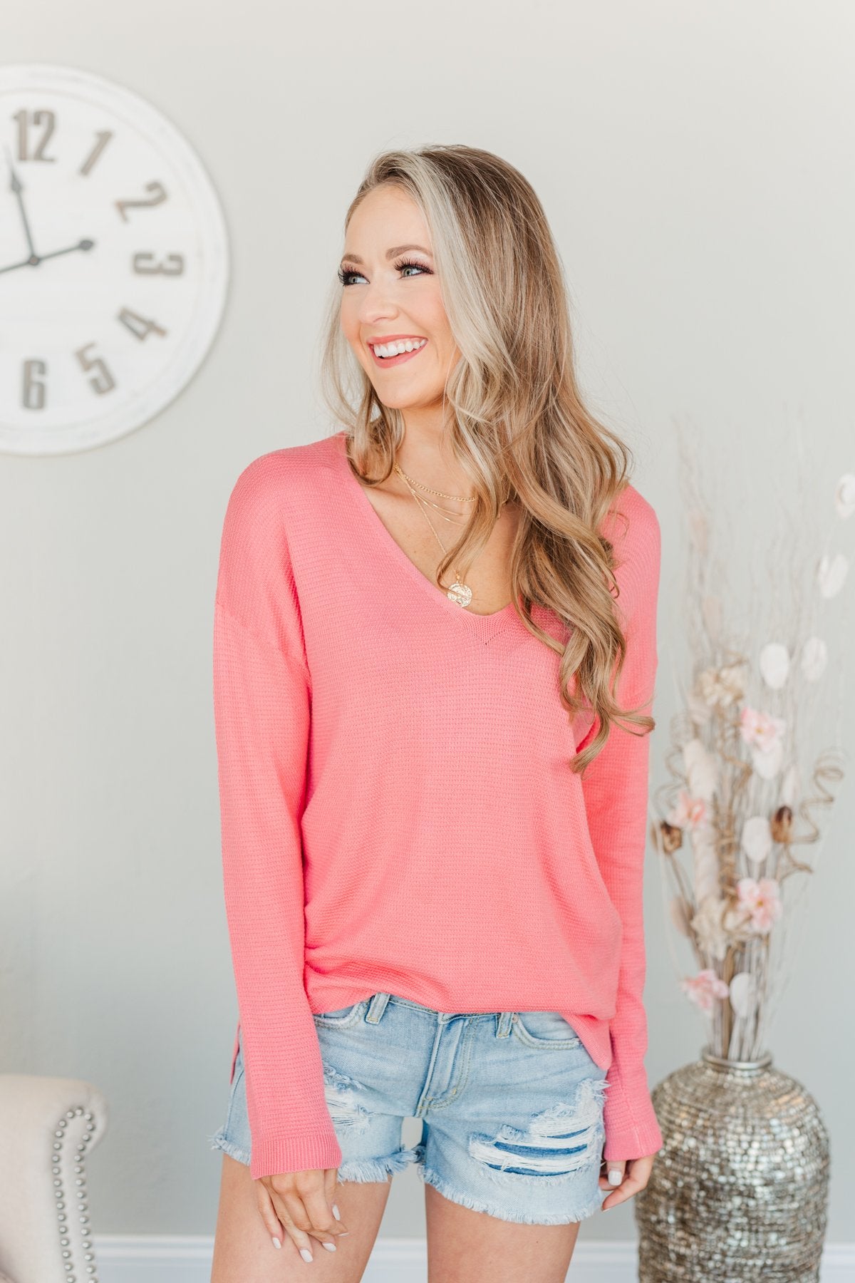 Life In Full Bloom V-Neck Knit Top- Coral