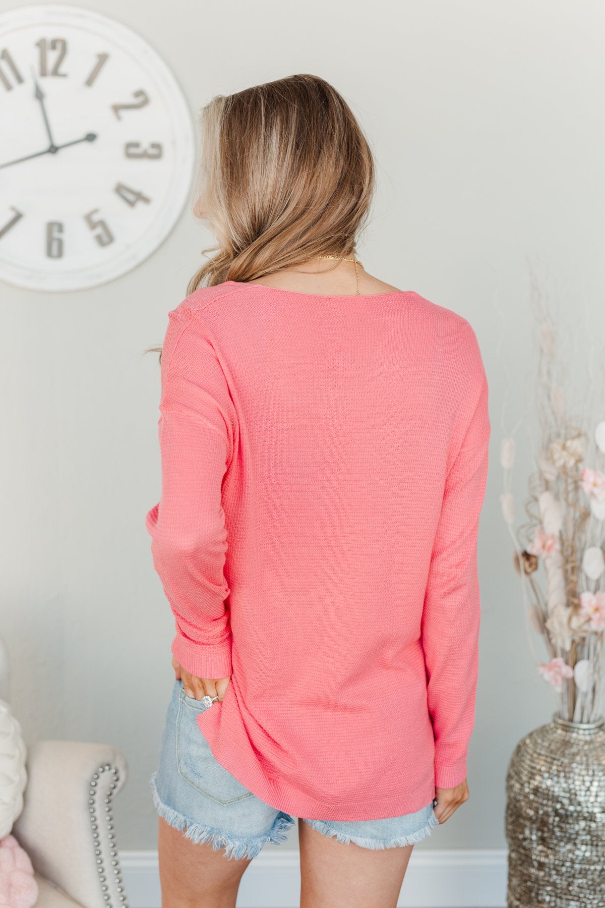 Life In Full Bloom V-Neck Knit Top- Coral