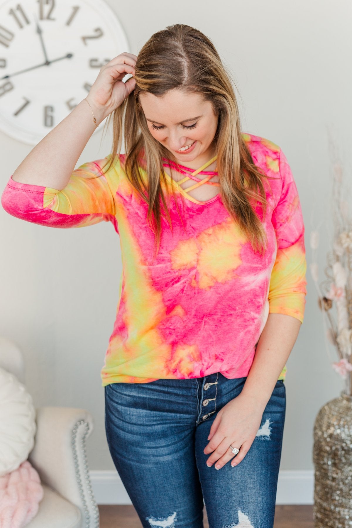 Make It Fun Criss-Cross Top- Bright Pink, Yellow, & Ivory