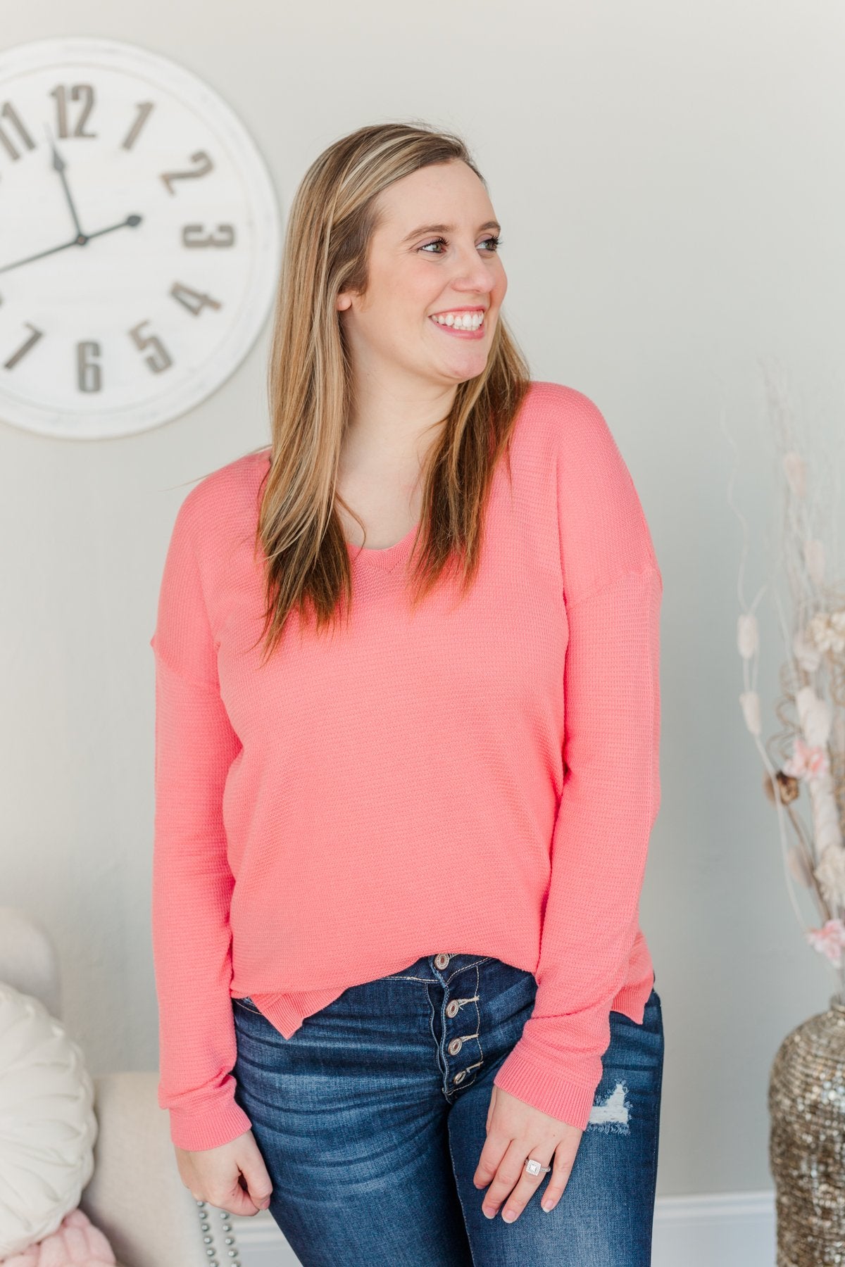 Life In Full Bloom V-Neck Knit Top- Coral