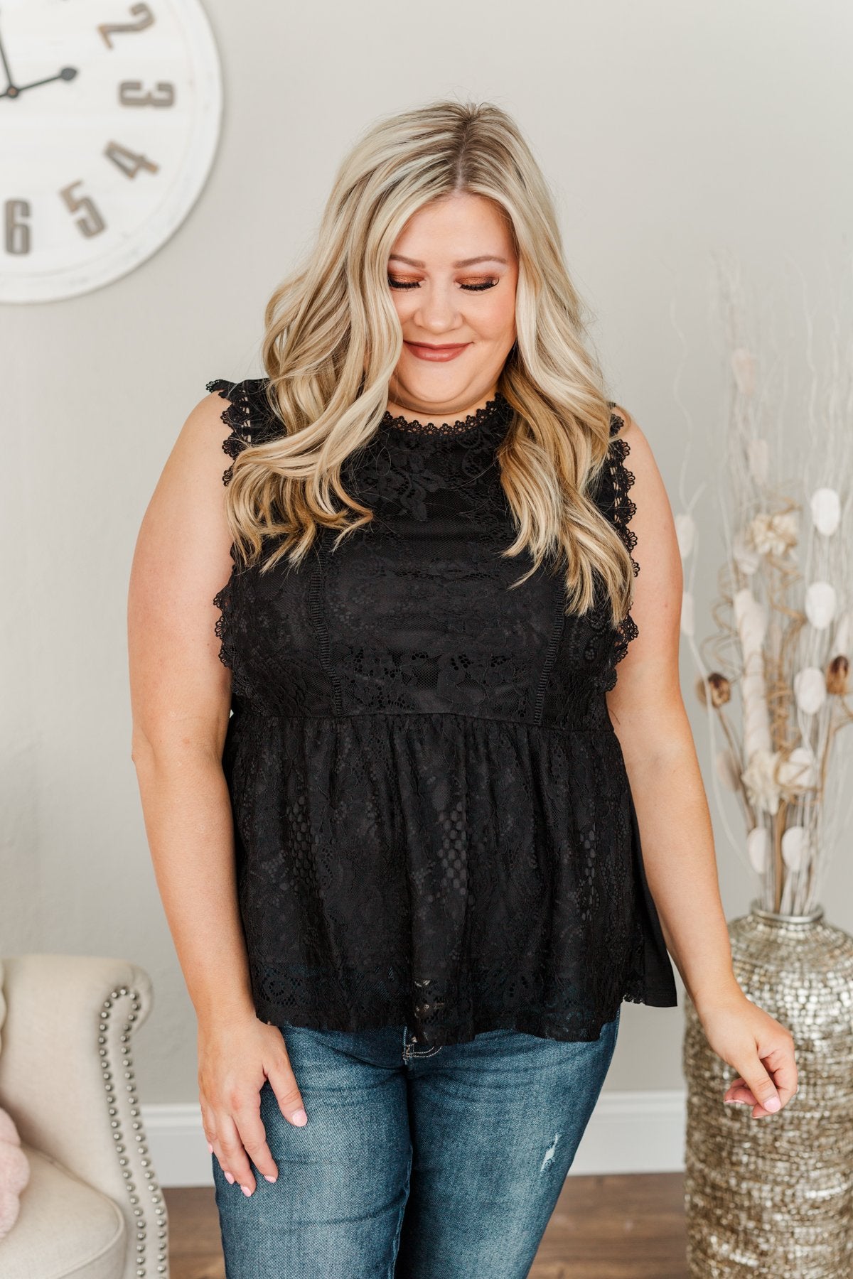 The Moment We Met Lace Sleeveless Blouse- Black