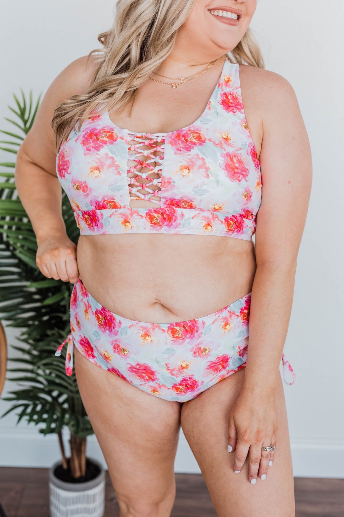 Tropical Breeze Braided Swim Top- Ivory & Pink Floral