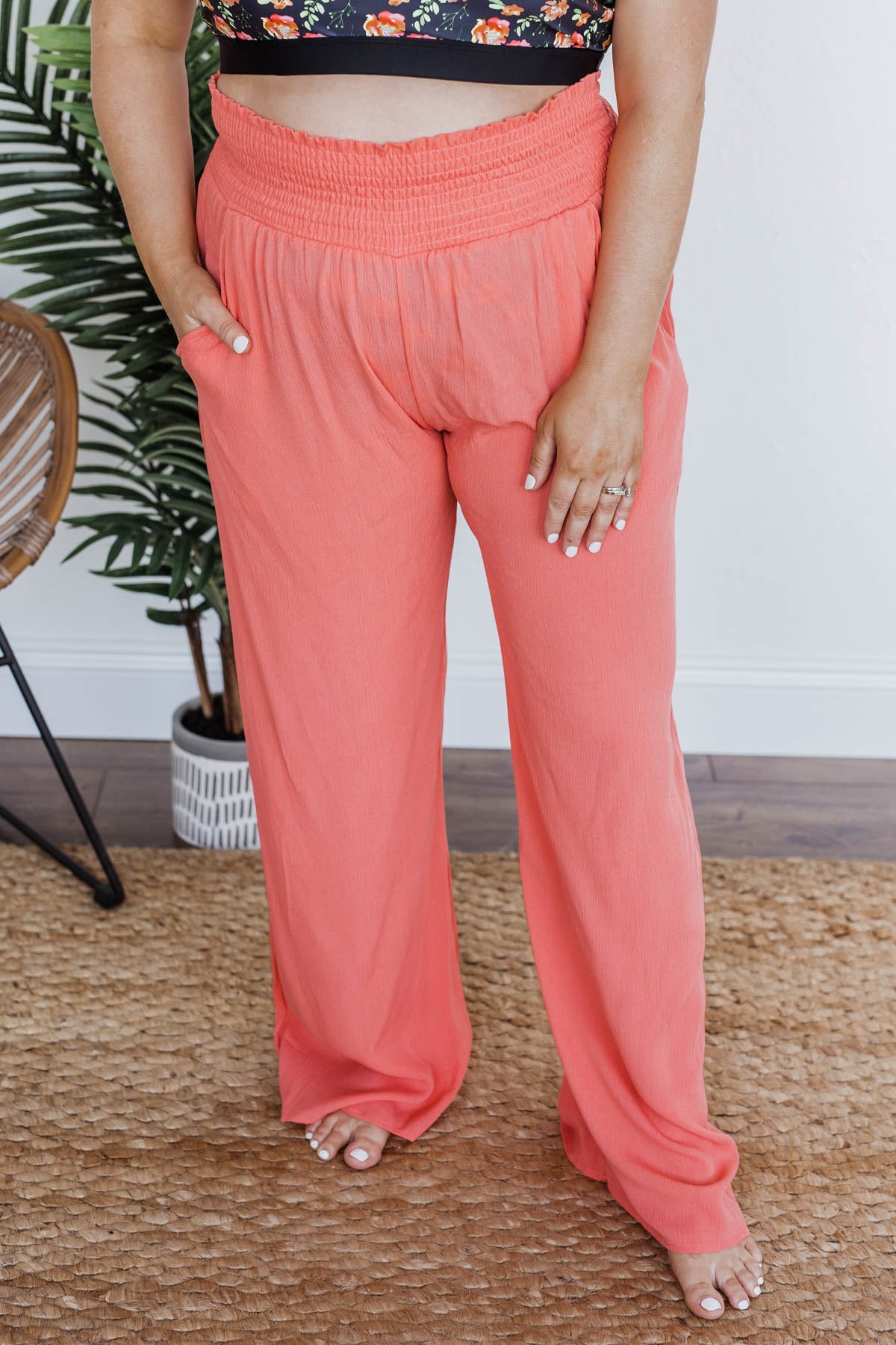 【INCHANT ME】Peach Curved Long Wide Pants SHOWMALL Womens Plus Size Pants High Waisted Palazzo Pants