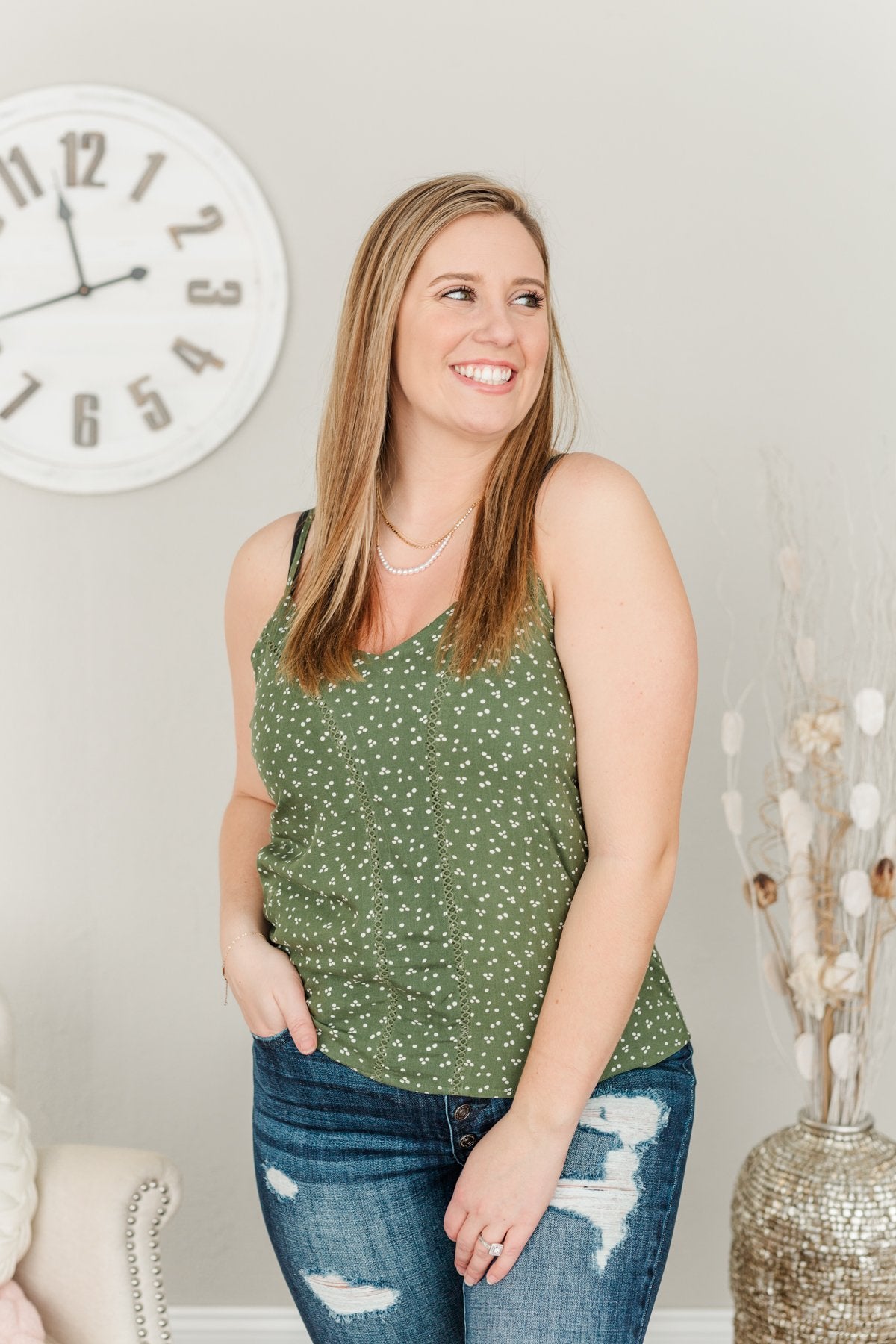 Love Yourself Spotted V-Neck Tank Top- Olive