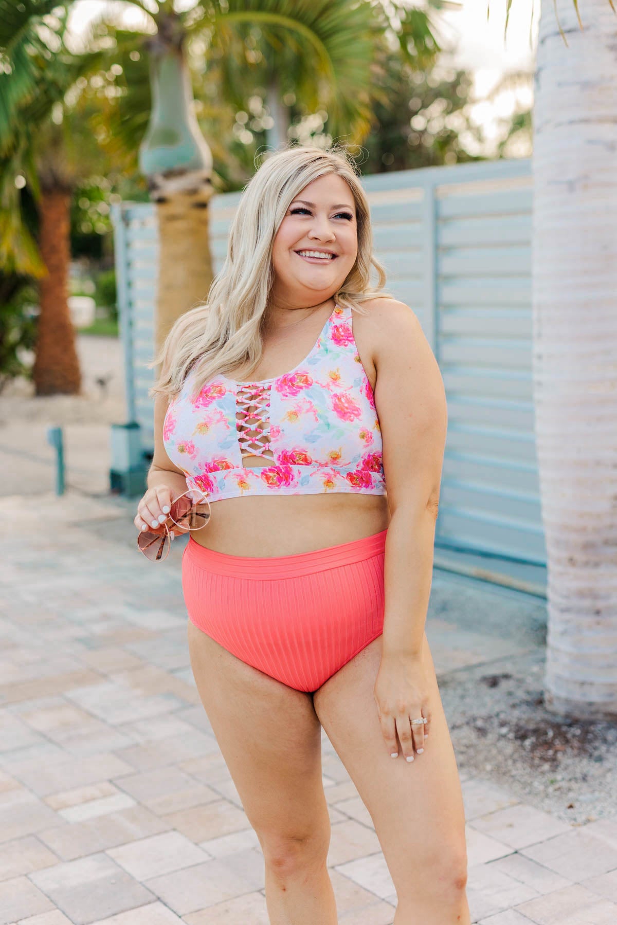Tropical Breeze Braided Swim Top- Ivory & Pink Floral