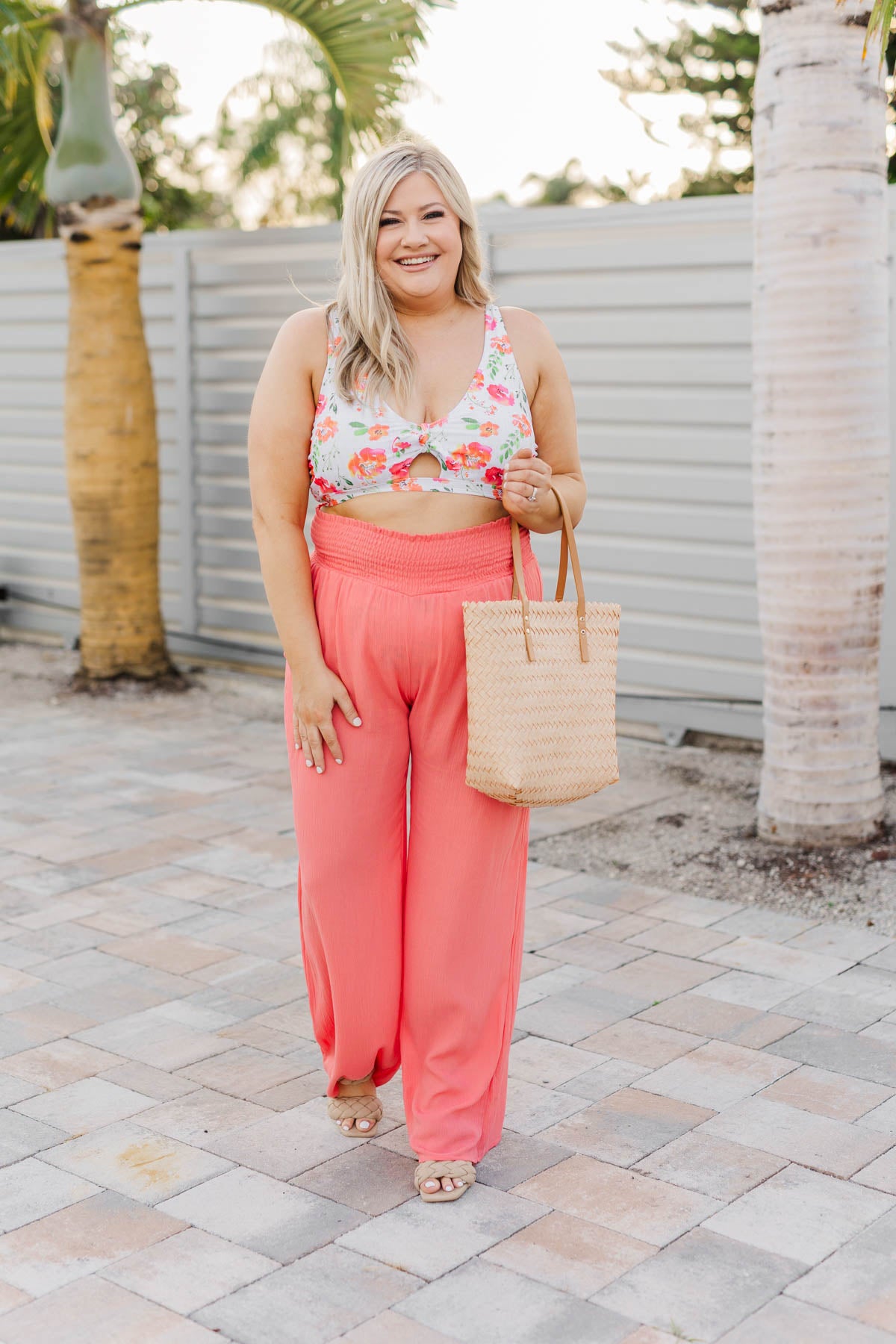 Walk Along The Beach Ribbed Swim Top- Orange Floral