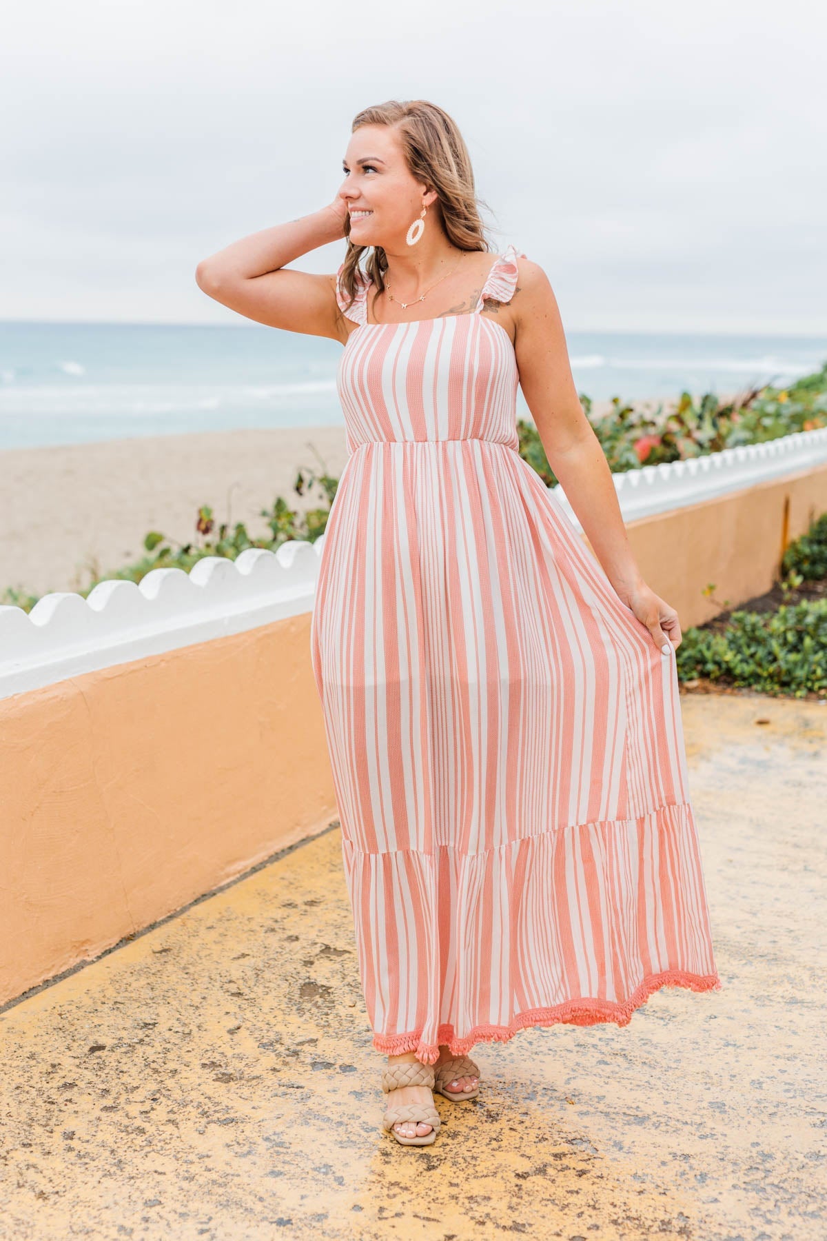 Beachy Feels Maxi Dress- Coral & Ivory Beachy Feels Maxi Dress- Coral & Ivory