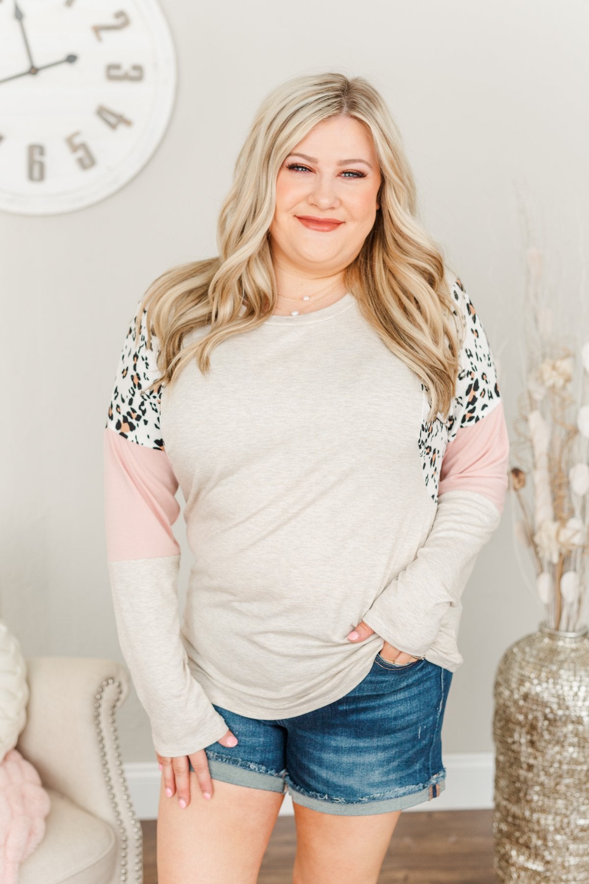 Every Moment Together Color Block Top- Oatmeal, Ivory & Pink