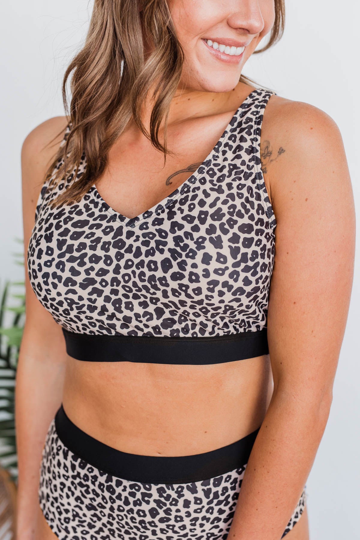 Walking On Sunshine Swim Top- Light Taupe Leopard Print