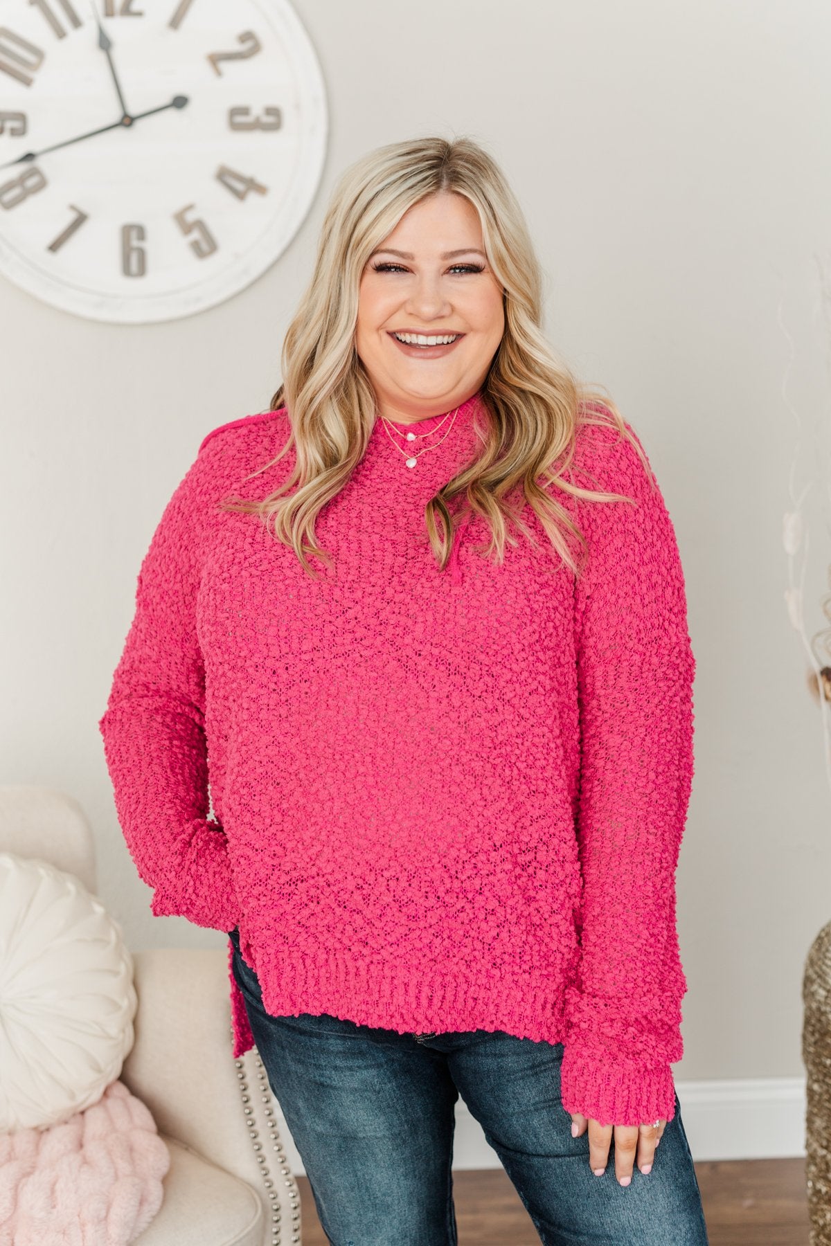 Tag Along With Me Popcorn Knit Hoodie- Hot Pink