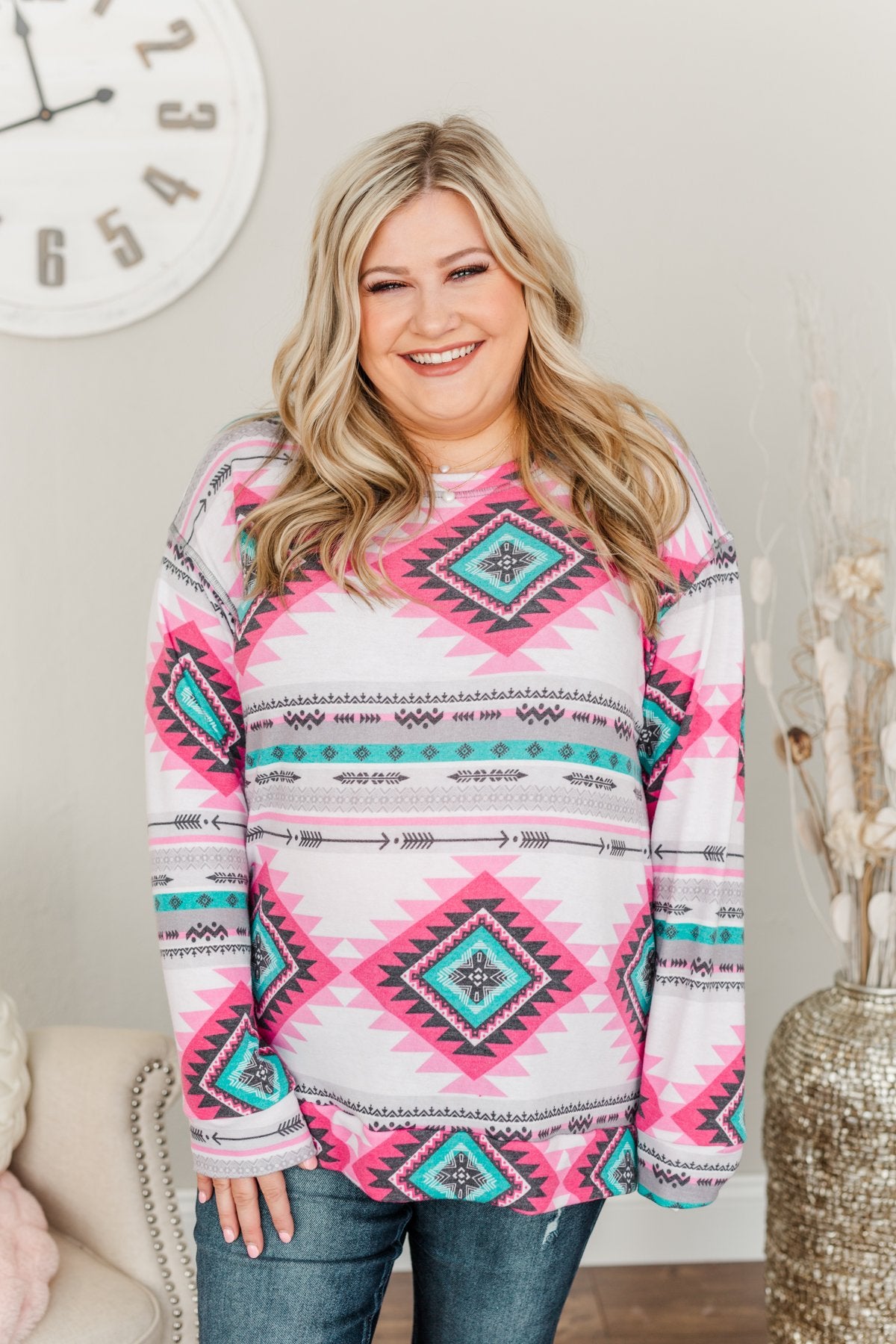 Live For The Adventure Aztec Top- Ivory, Fuchsia, & Teal