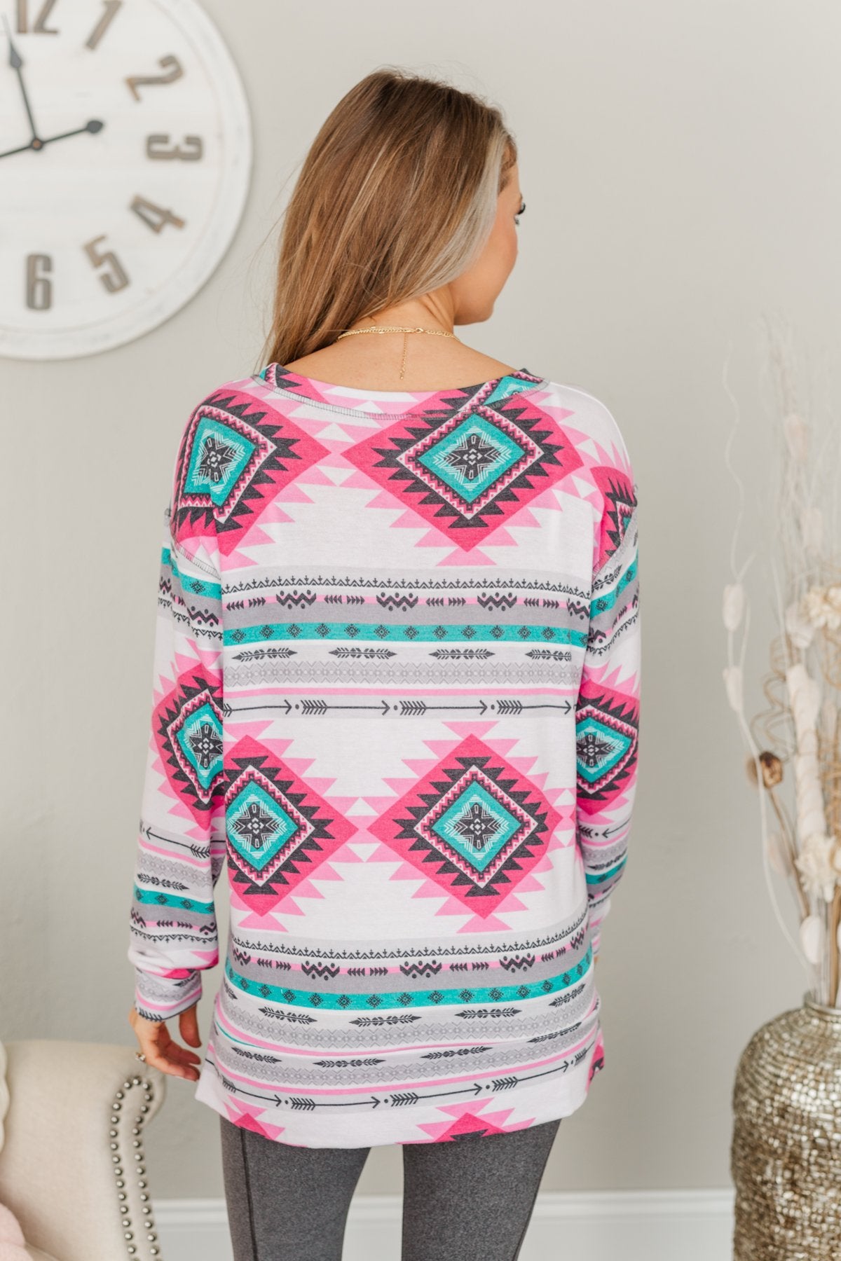Live For The Adventure Aztec Top- Ivory, Fuchsia, & Teal