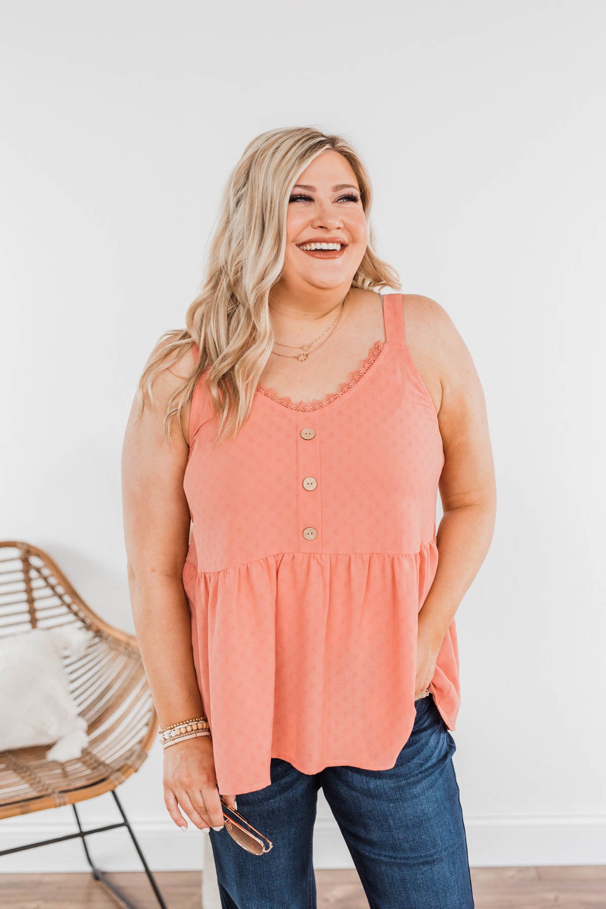 Hearts Beat In Harmony Button Tank- Salmon